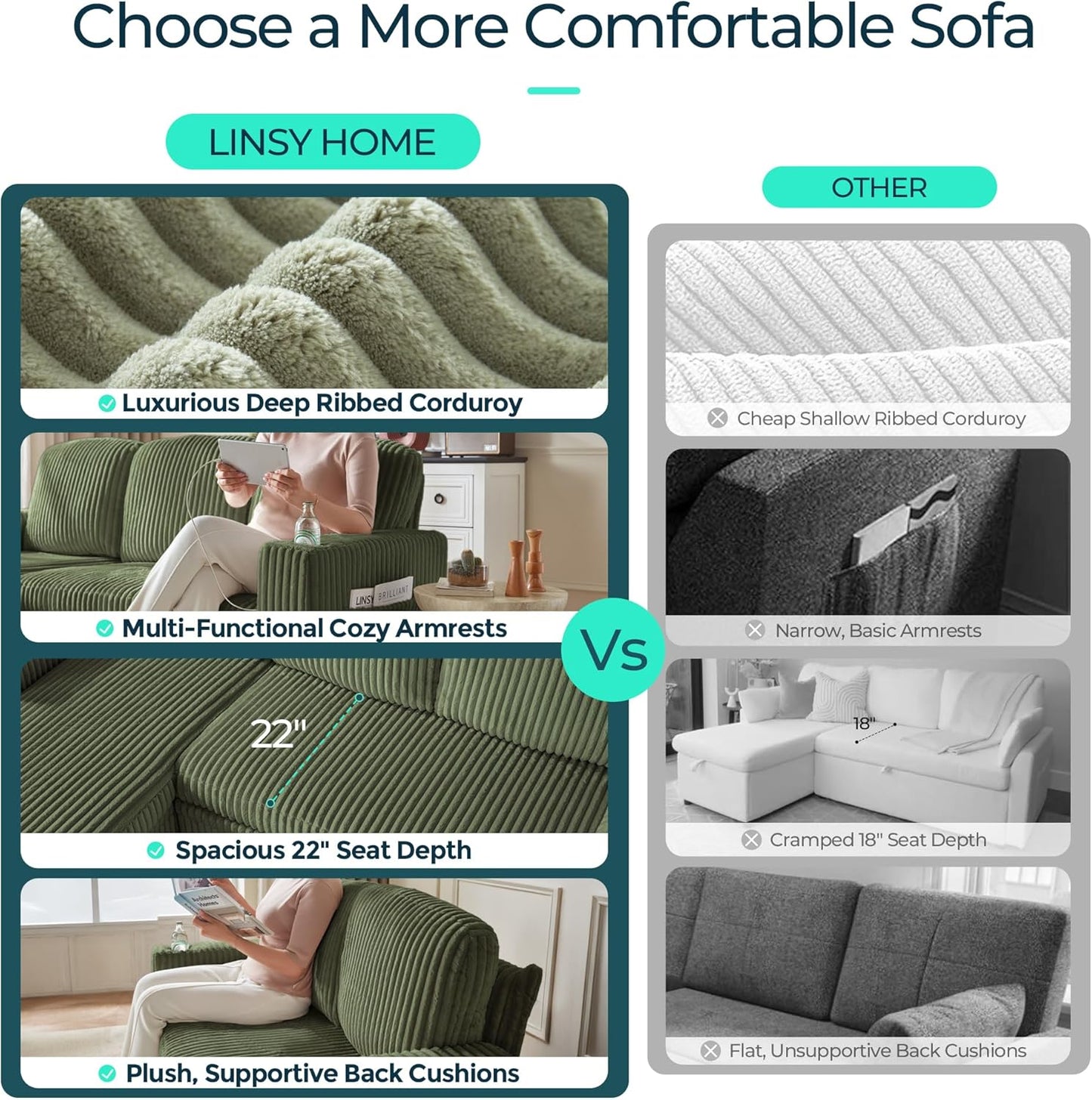 LINSY HOME Sectional Sleeper Sofa with Pull Out Couch Bed - Convertible Plush Corduroy Cloud Couch with Storage Chaise & USB Charging, Comfy Modular Couches for Living Room, Green