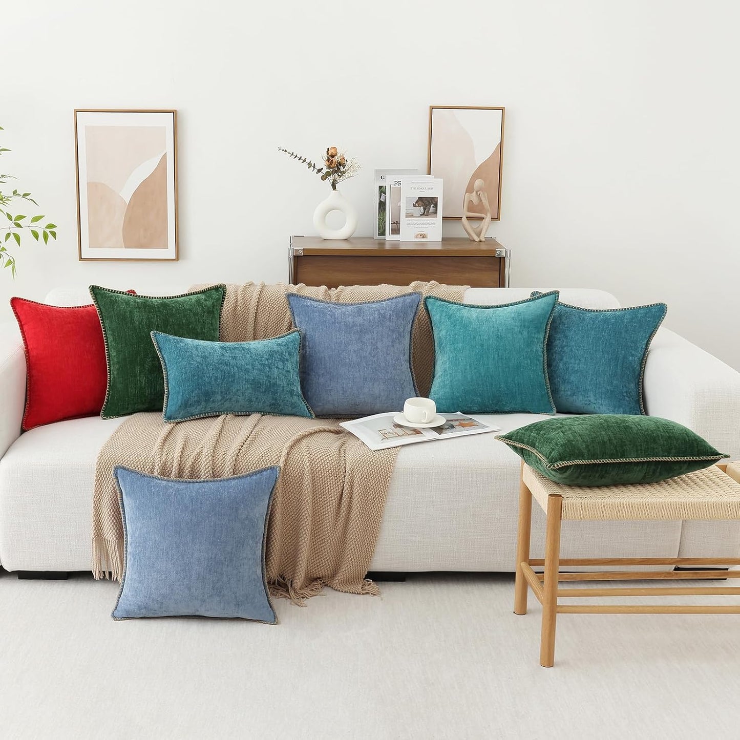 decorUhome Chenille Soft Throw Pillow Covers 12x20 Set of 2, Lumbar Velvet Farmhouse Neutral Decorative Euro Pillow Covers with Stitched Edge for Couch Sofa Bed Home Decor, Blue