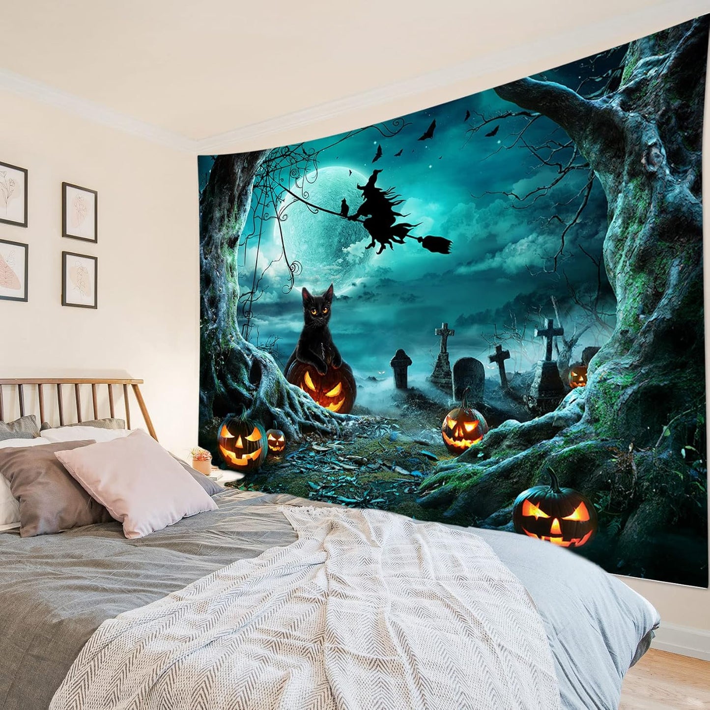 LB Teal Halloween Witch Tapestry Horror Black Cat Dead Tree in Graveyard Full Moon Night Tapestry Wall Art Spooky Pumpkin Wall Decor for Bedroom Living Room Dorm Holiday Party Decor 60x40 Inch