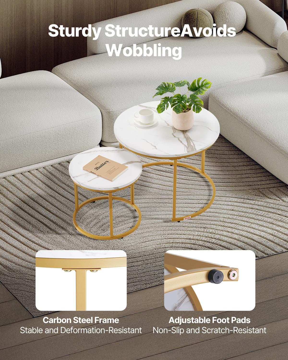 VEVOR Nesting Tables, Coffee Table Set of 2, 23.6 inch Round Coffee Table, Small Coffee Tables Night Stand with Metal Frame, for Living Room, Bedroom, Office (White & Gold)