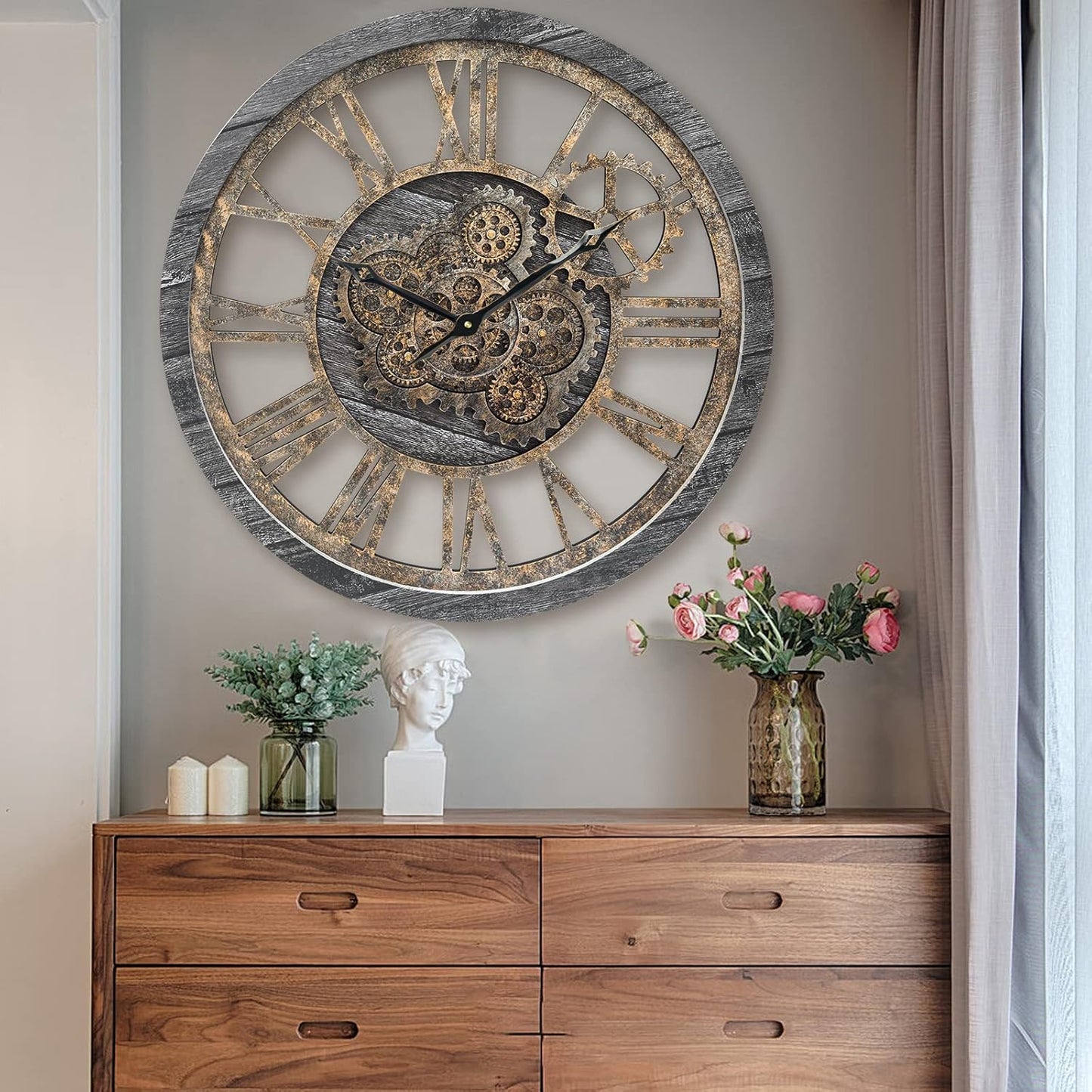HOIBAI Wall Clock, 24 Inch Moving Gears Clock Large Wall Clock for Living Room Decor Rustic Vintage Industrial Steampunk Farmhouse Big Clock for Home Kitchen Bedroom Office