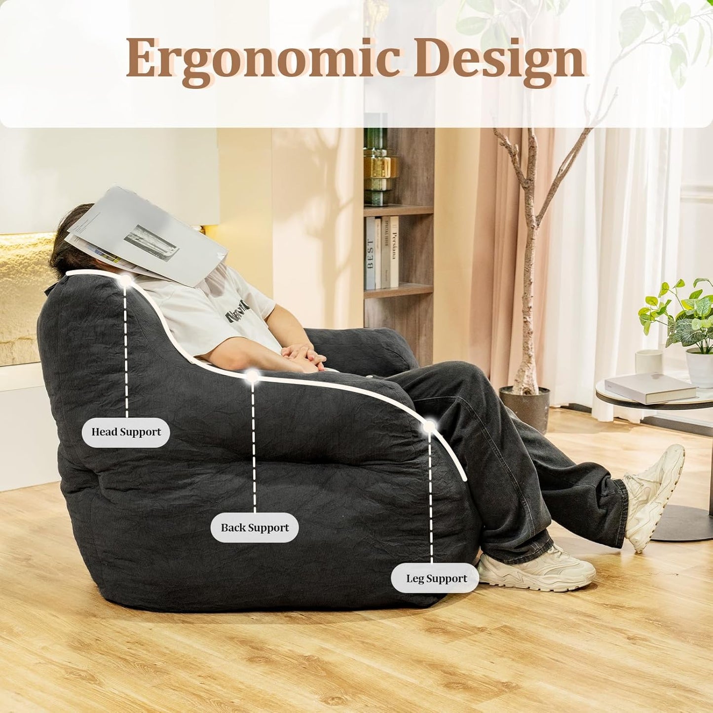 Giant Bean Bag Chair, Large Bean Bag Chair for Adults, Fluffy and Comfy Bean Bag Chair with Filler, Big Bean Bag Sofa Chair for Reading, Stuffed High-Density Foam, Grey