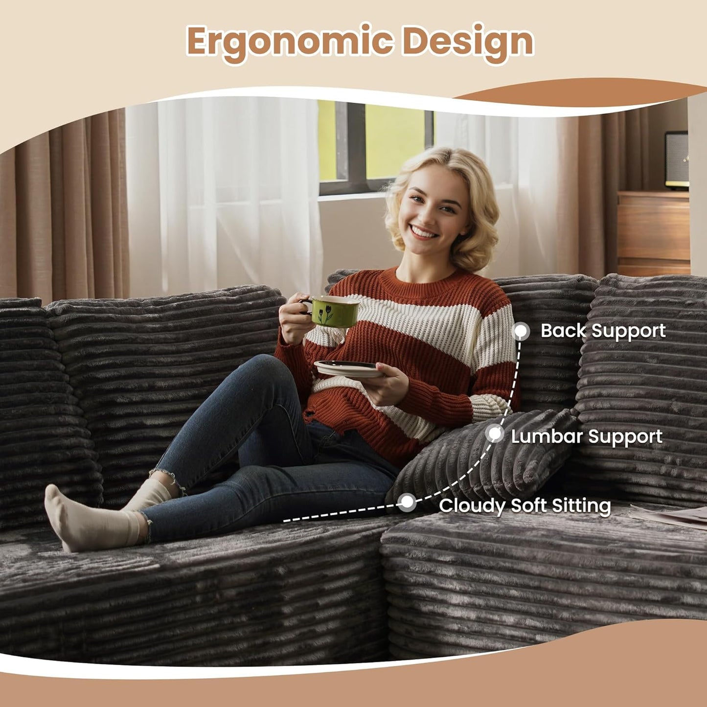 HOOOWOOO Cloud Sectional Couches for Living Room,Modular Sectional Sofa No Assembly,Plush Corduroy Large Floor Couch Furniture Set with Deep Seat Right Chaise L Shape(Gray)