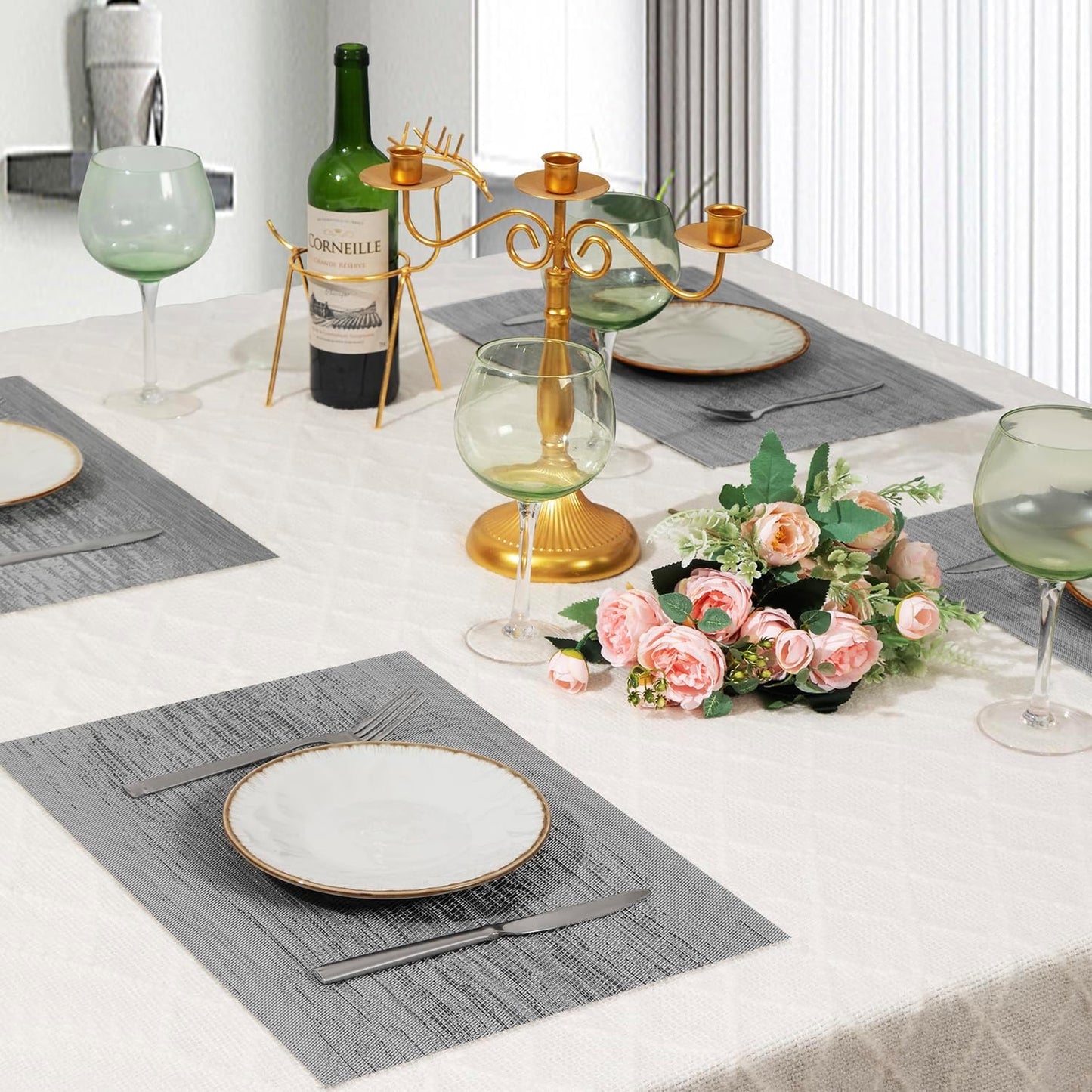 Leetaltree Grey Placemats, Heat Resistant Non-Slip Place mats for Dining Table, Washable Durable PVC Vinyl Woven Table Mats (Set of 12)