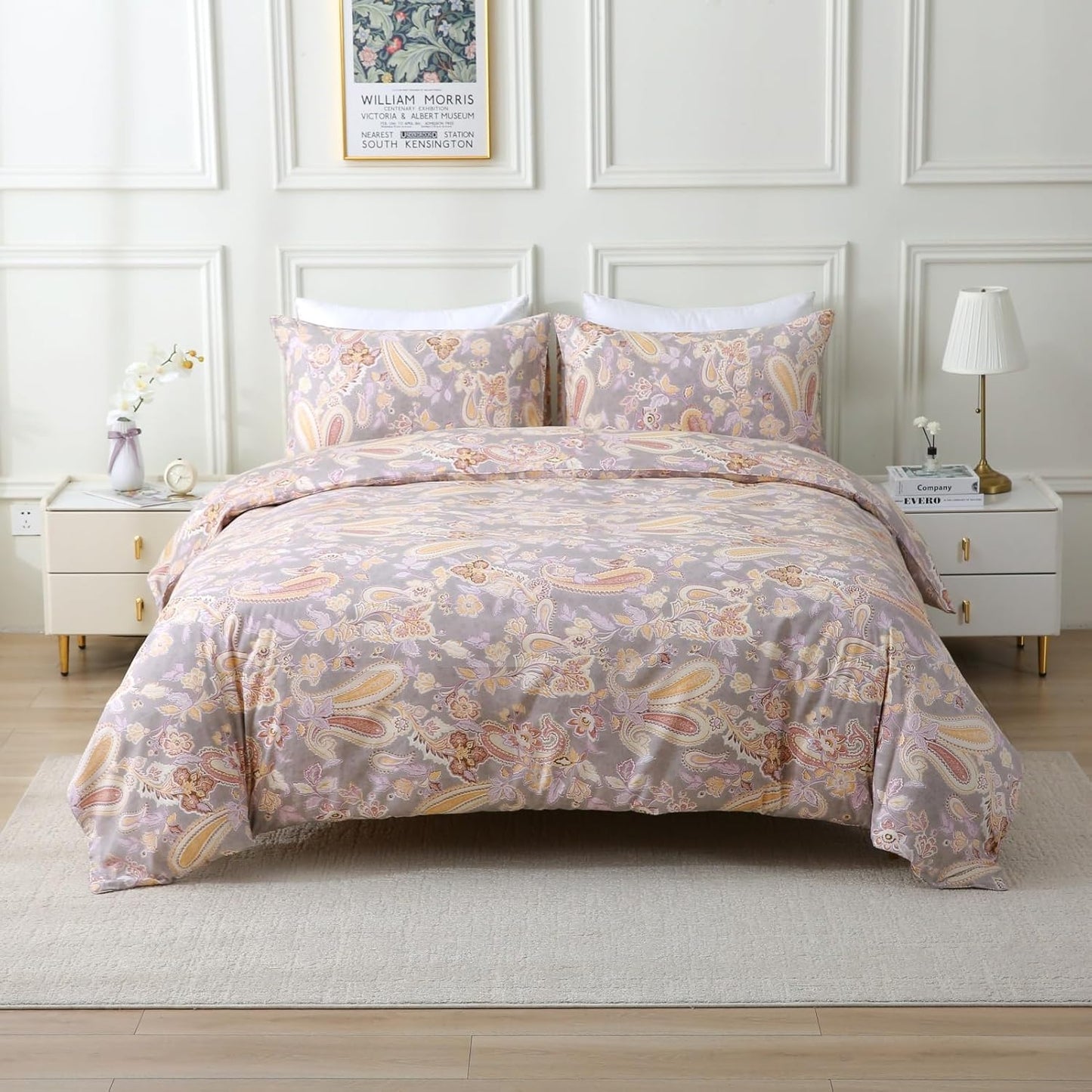 ABREEZE Paisley Bedding Sets 3Pcs Brushed Cotton Duvet Cover Set King Size Rustic Damask Gold Floral Comforter Cover with Zipper Closure Boho Bedding Collections