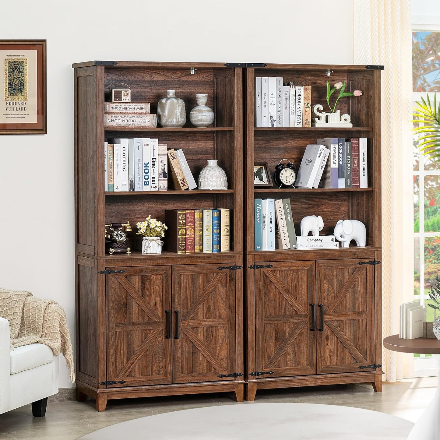 70in Tall Bookshelf 5 Tier Bookcase with Barn Doors and Adjustable Shelves, Brown Farmhouse Book Shelf with Storage Cabinet, Wood Freestanding Display Bookshelves for Bedroom, Kitchen (2PCS)