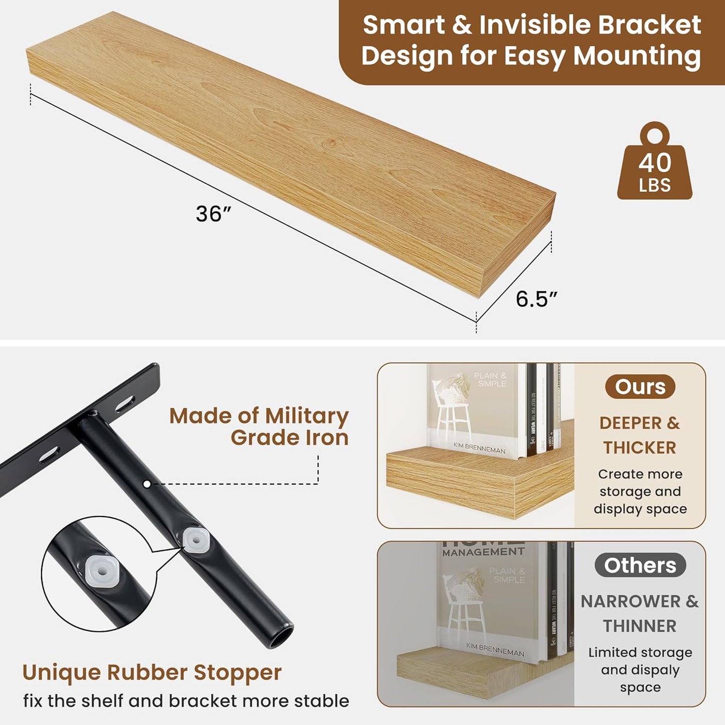 fuqing Floating Shelves for Wall, Bathroom Shelf Wall Mounted for Storage, Shelves with Invisible Bracket for Bedroom, Kitchen, Living Room, Farmhouse Small Book Shelf, 36 Inch Set of 2, Oak