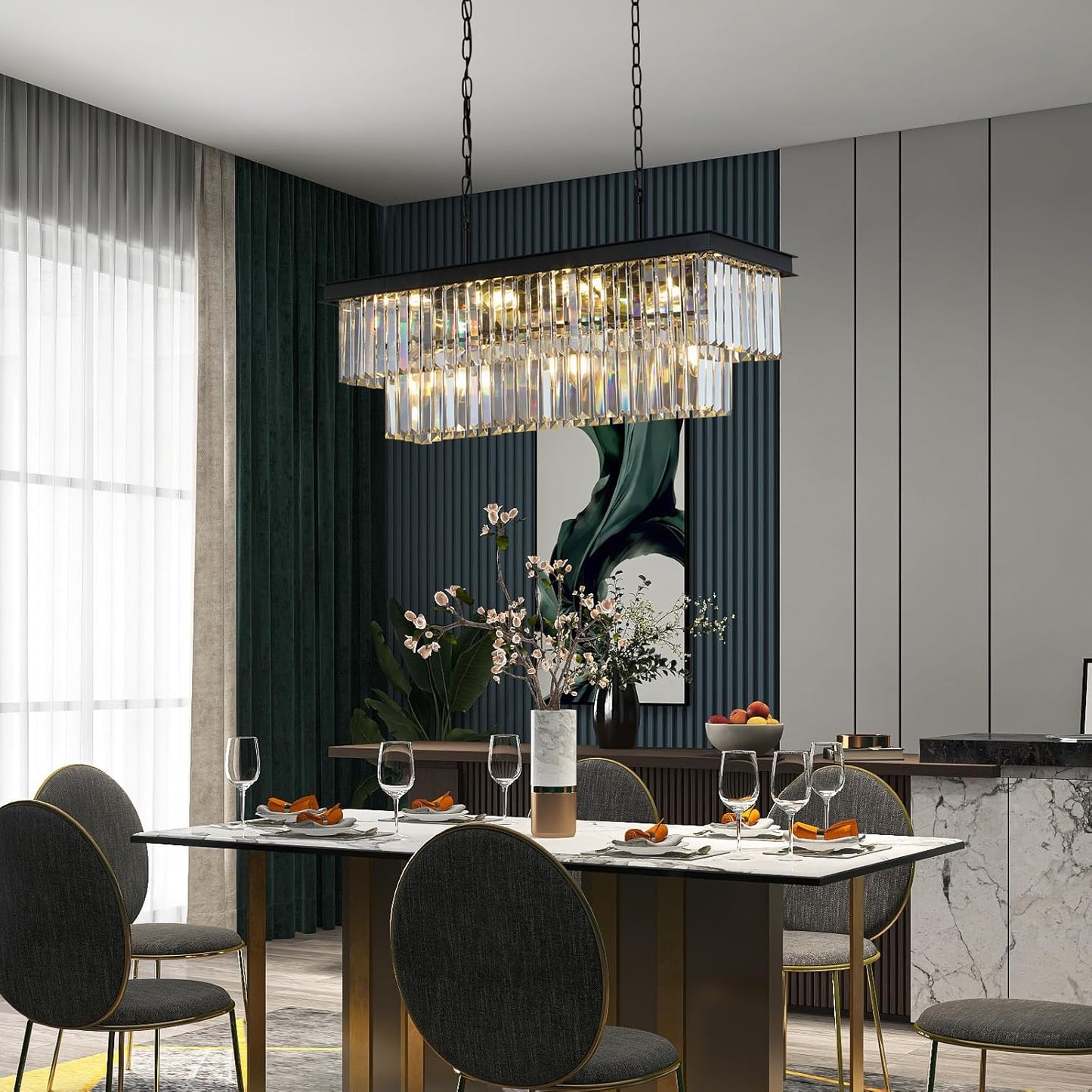 Crystal Chandeliers for Dining Room 11-Light Black Modern Chandelier Rectangle Contemporary Pendant Light Fixture for Kitchen Island Bar L33.5 Inch