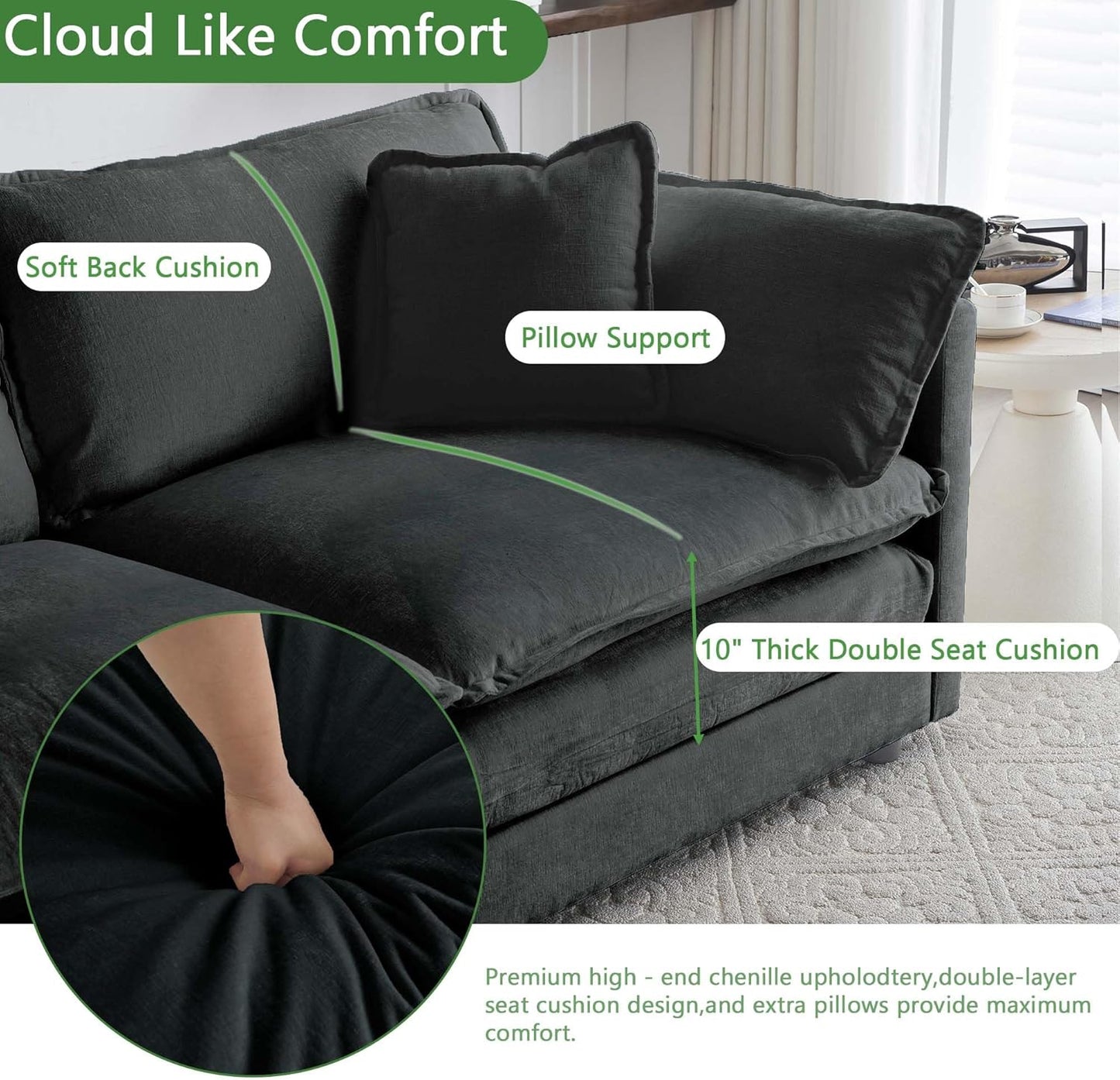 Sectional Sofa 3 Seater with Movable 2 Ottomans,Oversized Modular Couch Deep Seat (Black, 111.5 inch-U)