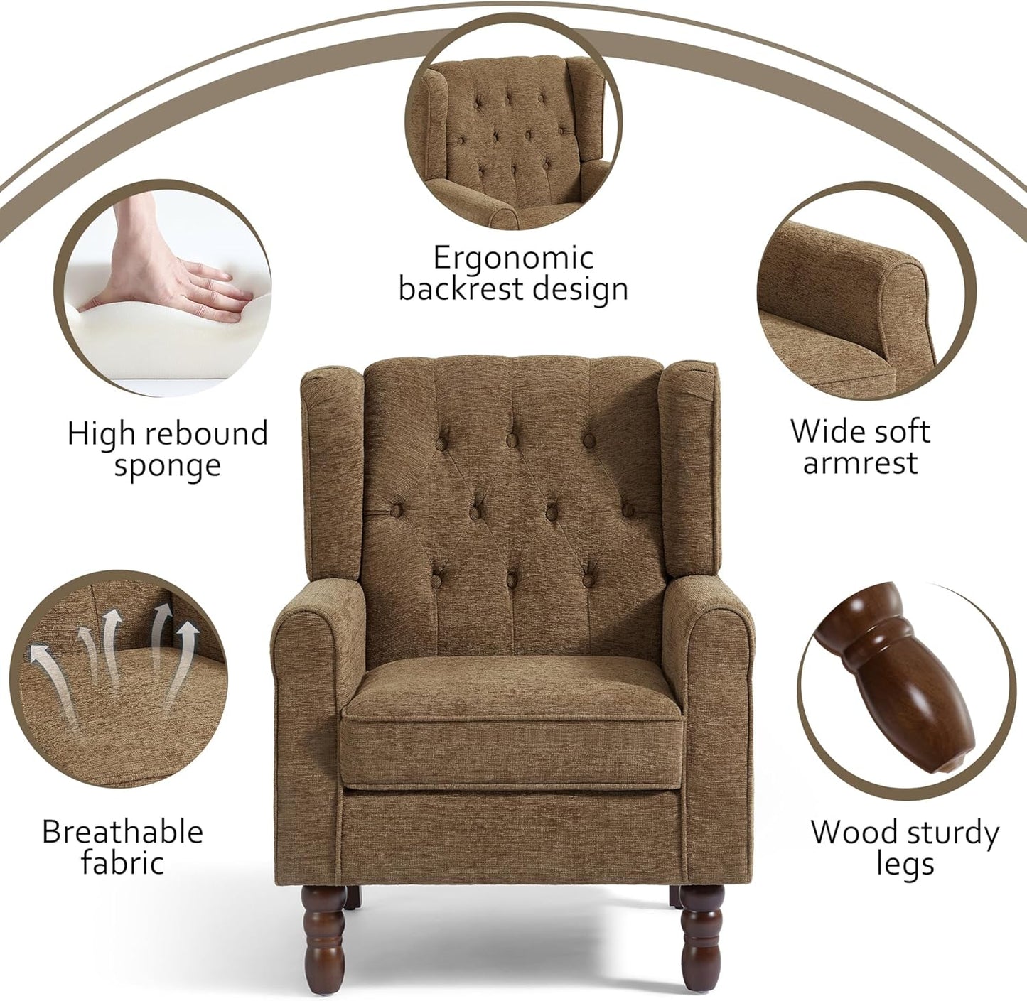 Lumibee High Back Accent Chair,Upholstered Wingback Armchair with Solid Wood Legs for Small Spaces,Comfy Single Sofa Chair for Living Room,Bedroom,Office-Gray