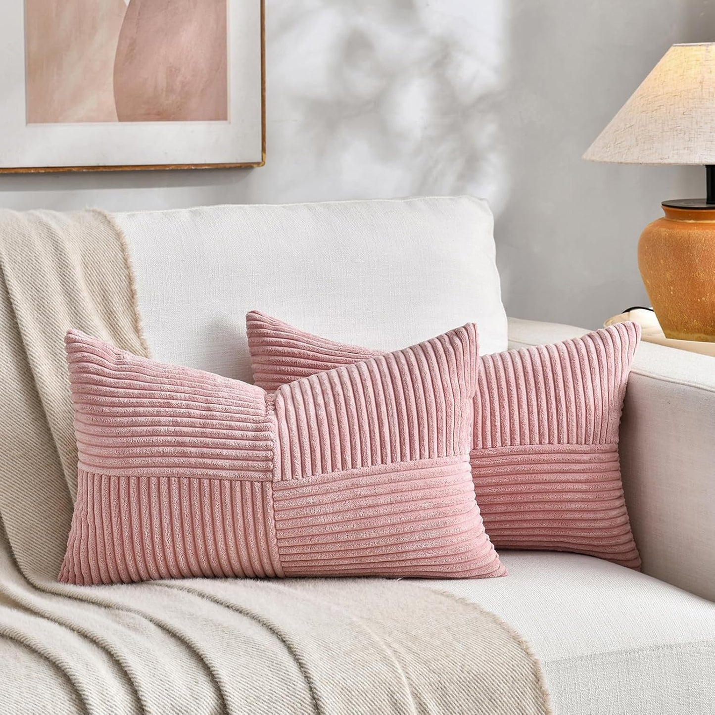 Fancy Homi 2 Packs Blush Pink Lumbar Decorative Throw Pillow Covers 14x24 Inch for Couch Bed, Rustic Farmhouse Boho Home Decor, Soft Striped Corduroy Rectangle Accent Cushion Case 35x60 cm