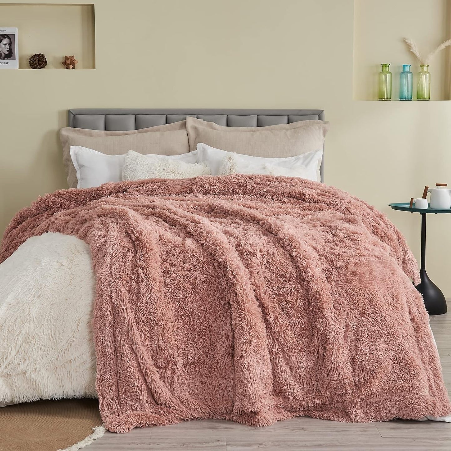 GONAAP Fuzzy Faux Fur Throw Blanket Twin Size Pink Super Soft Cozy Plush Fuzzy Shaggy Blanket for Couch Sofa Bed (Pink, Twin(60"x80"))