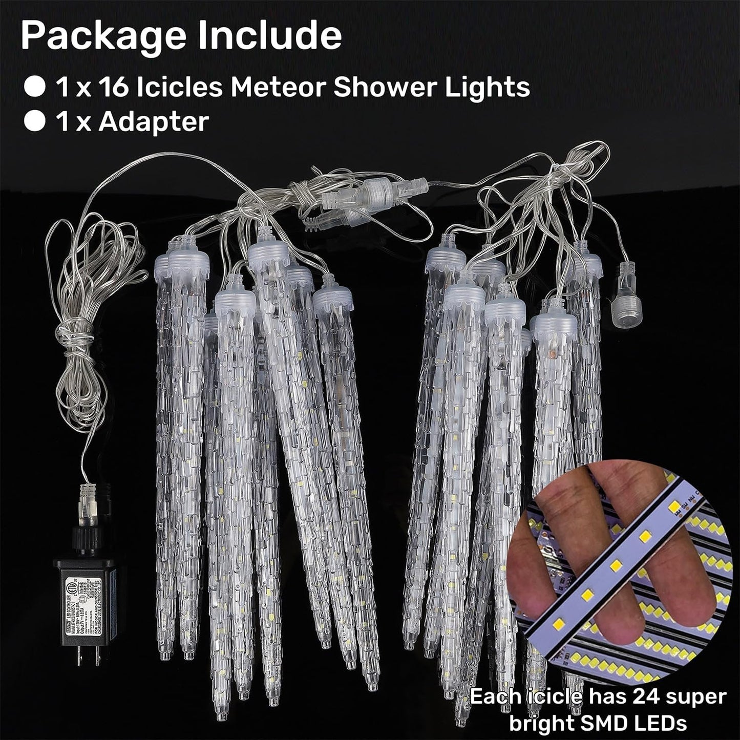 WATERGLIDE 16 Icicles Meteor Shower Lights, 12" Outdoor Christmas Icicle 384 SMD LED Crystal Ice Falling, Connectable Raindrop Iciclelight, Xmas Winter Party Tree Holiday Decor, Blue
