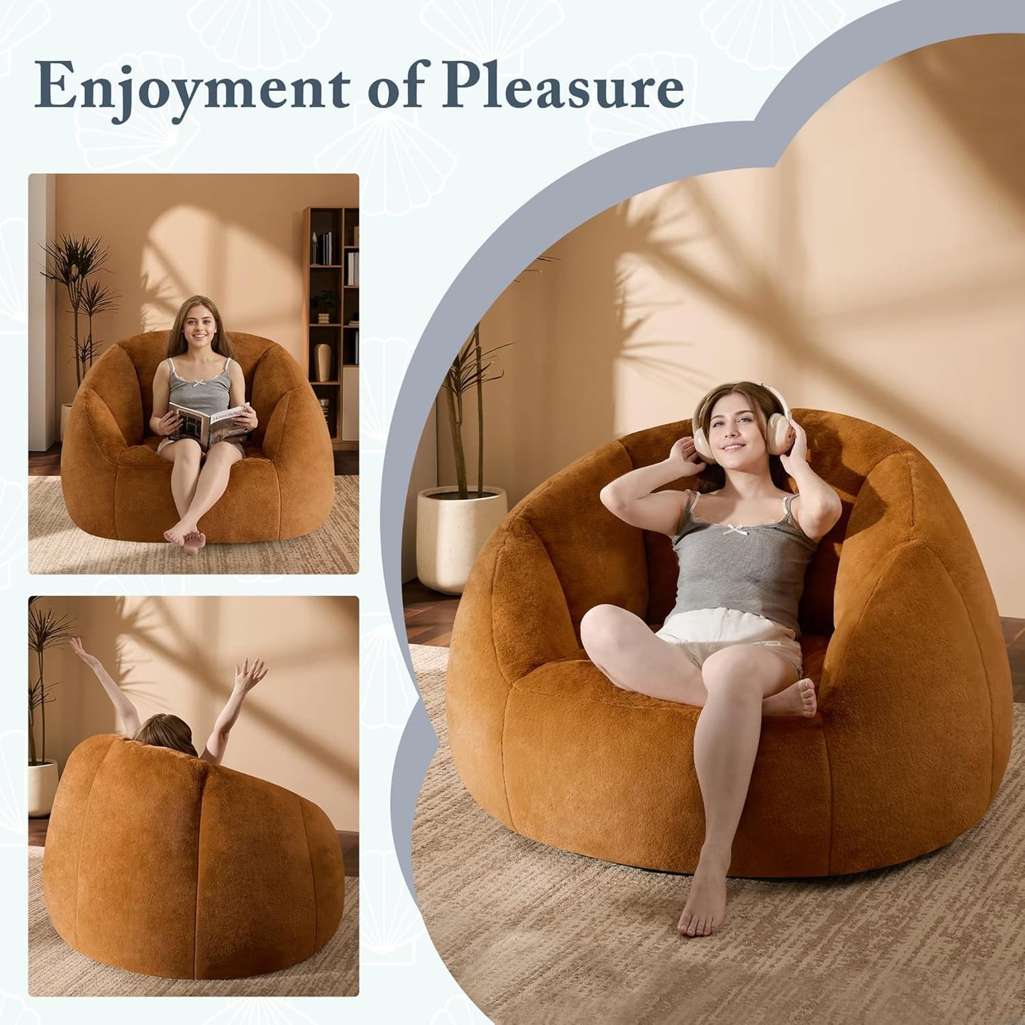 Giant Bean Bag Swivel Chair for Adults - Comfy Plush Round Shell Soft Accent Chair, Oversized Cozy Floor Sofa for Living Room, Bedroom & Game Rooms, Orange