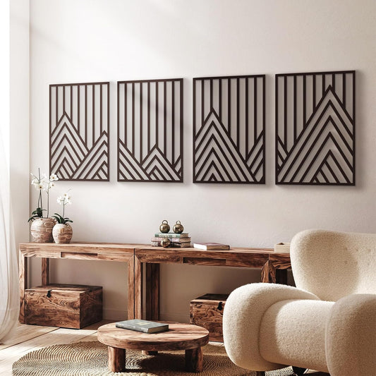 Glamativity 4 Pack Black Abstract Metal Wall Art, Minimalist Décor Single Line Art Wall Décor, 3D Textured Metal Wall Sculptures, for Living Room Bedroom Bathroom Study Room (Mountain Line, L Size 22.5 x 15.7'')