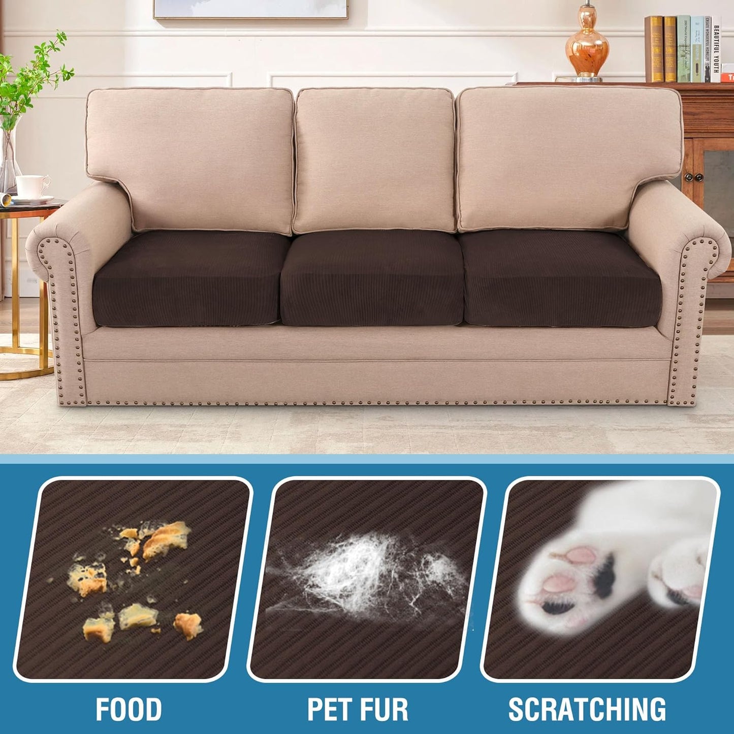 H.VERSAILTEX Velvet Stretch Couch Cushion Cover Plush Cushion Slipcover for Chair Loveseat Sofa Cushion Furniture Protector Seat Cushion Sofa Cover (3 Piece Sofa Cushion Covers, Brown Striped)
