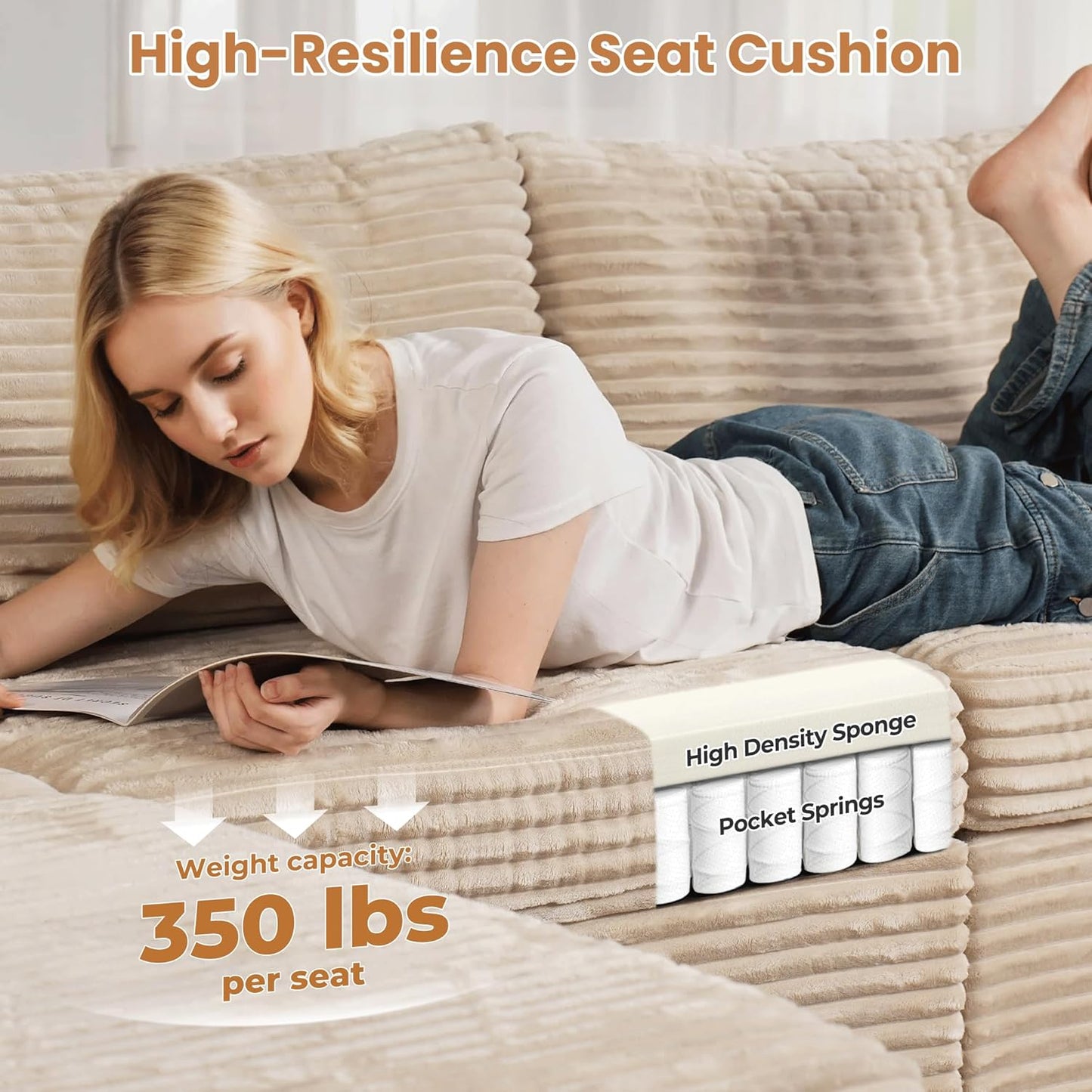 ovios Sectional Sofa Couch with L-Shape Chaise Oversized, Comfy Modular Cloud Couches with Deep Seat, Modern Upholstered Plush Corduroy Sofas Set for Living Room, 5-Seater, Beige