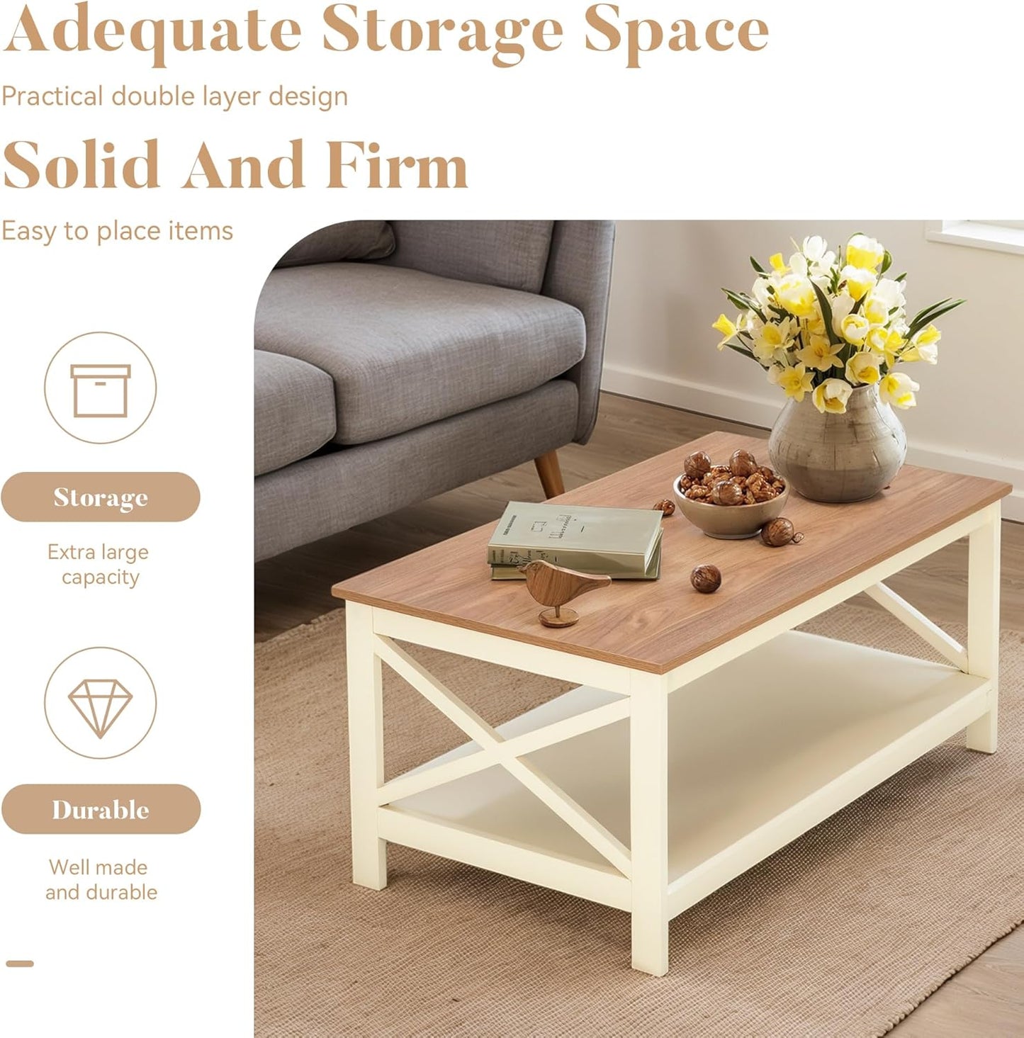 ALPHA HOME Coffee Table with Storage, Farmhouse Coffee Tables for Living Room 2-Tier Modern Coffee Table, Ivory