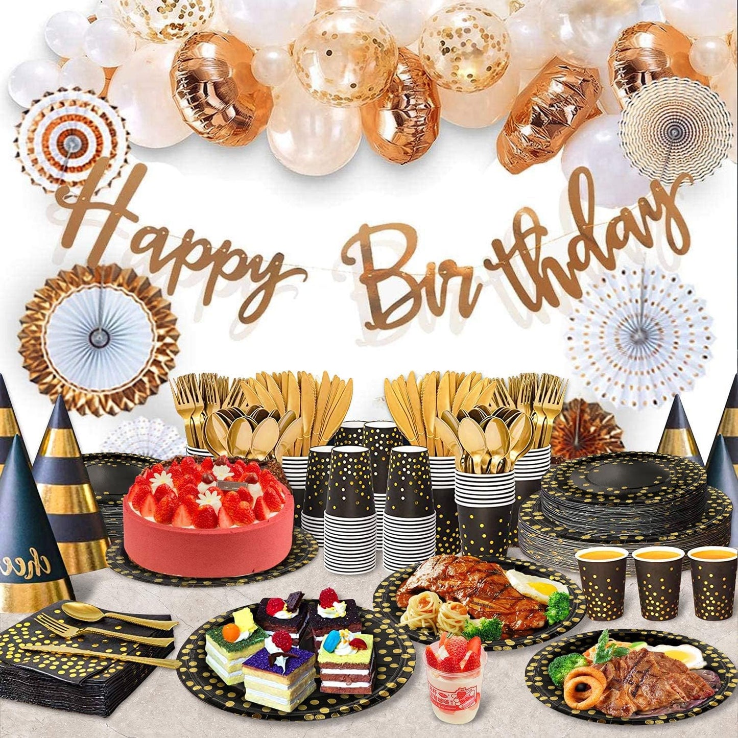 AIRE 175PCS Black and Gold Paper Plates Party Supplies for 25 Guests Disposable Party Decorations Dinnerware Golden Dot Black Paper Plates Napkins Cups Gold Plastic Forks Knives Spoons for Parties