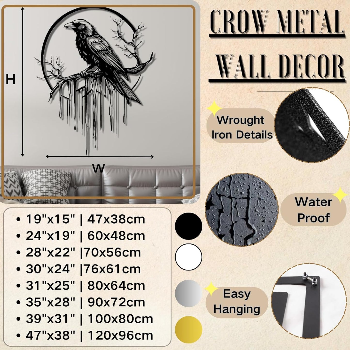 Crow Metal Wall Decor, Raven Wall Art, Large Gothic Raven Decor Hangings, Bird Wall Decor, Metal Tree Branch Decor, Ravens Sign, Raven Art for Living Room (Silver, 19"x15" | 47x38cm, metal wall art)