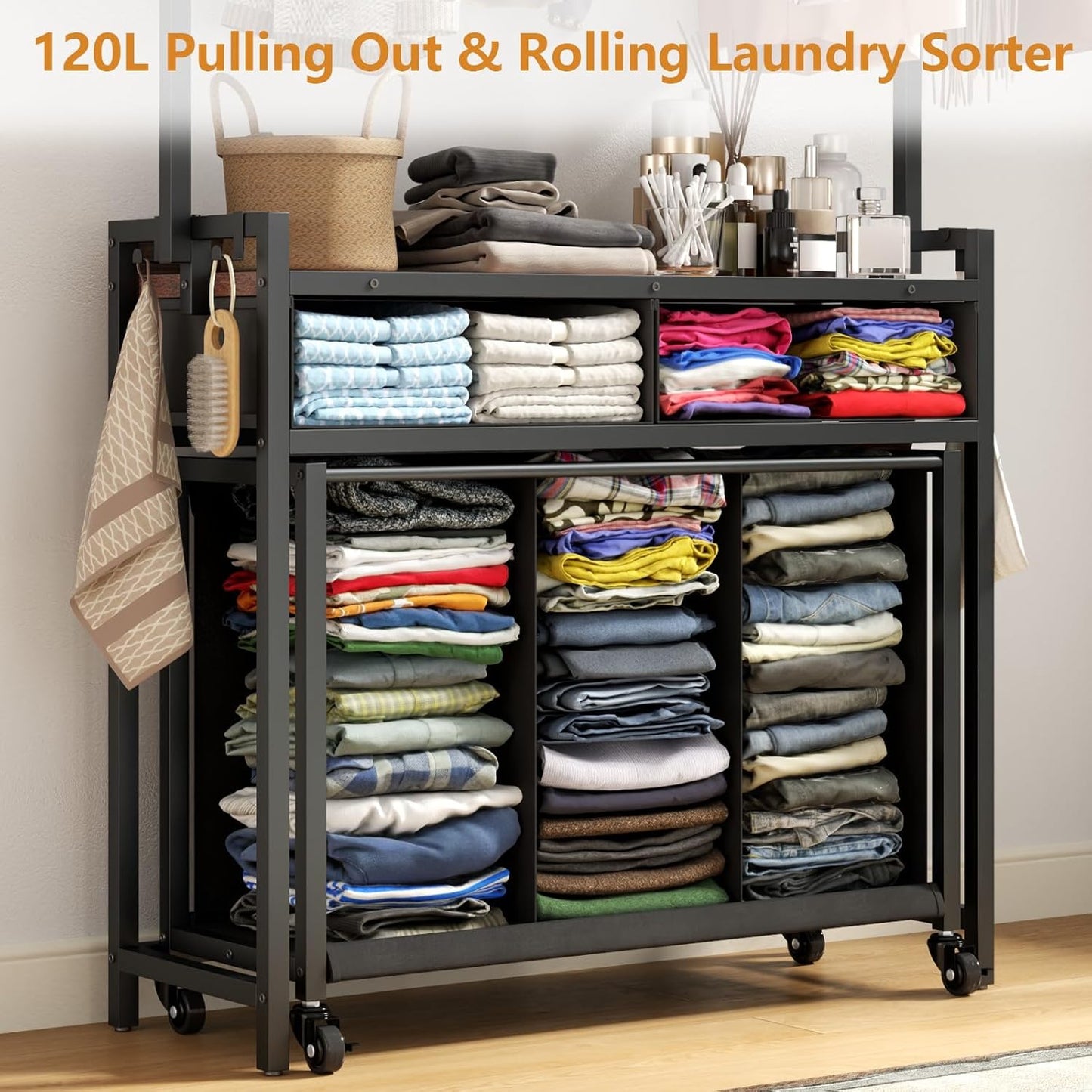 Laundry Sorter Hamper with Hanging Cloth Rack, Laundry Basket with 3 Section Pull-Out Rolling Bags, Laundry Sorter for Organization and Storage with 2 Drawers for Laundry Room (Vinatge Brown)