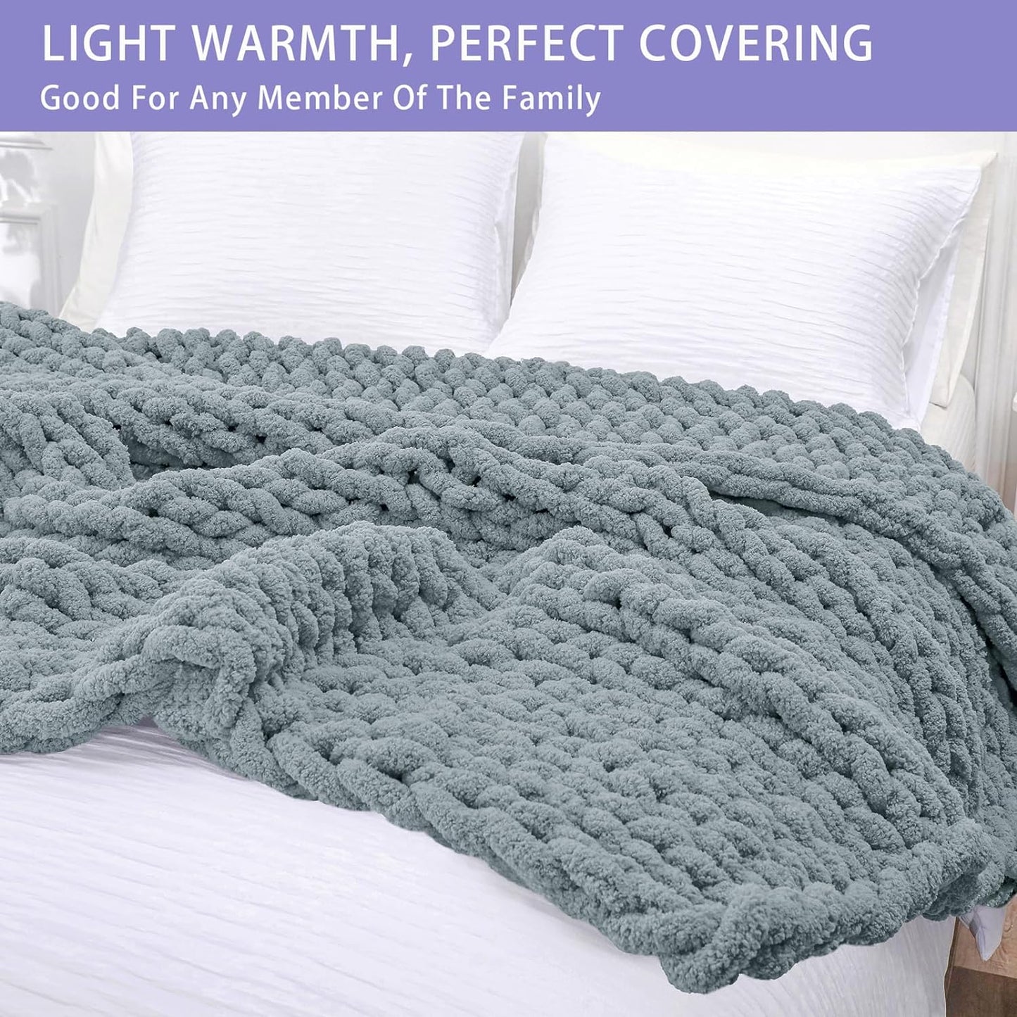 Bigacogo Chunky Knit Throw Blanket for Couch, 40x40 inches, 100% Hand Knitted with Thick Jumbo Chenille Yarn, Cozy Soft Large Rope Knot Cable Crochet Blankets for Sofa Bed Living Room, Dusty Blue
