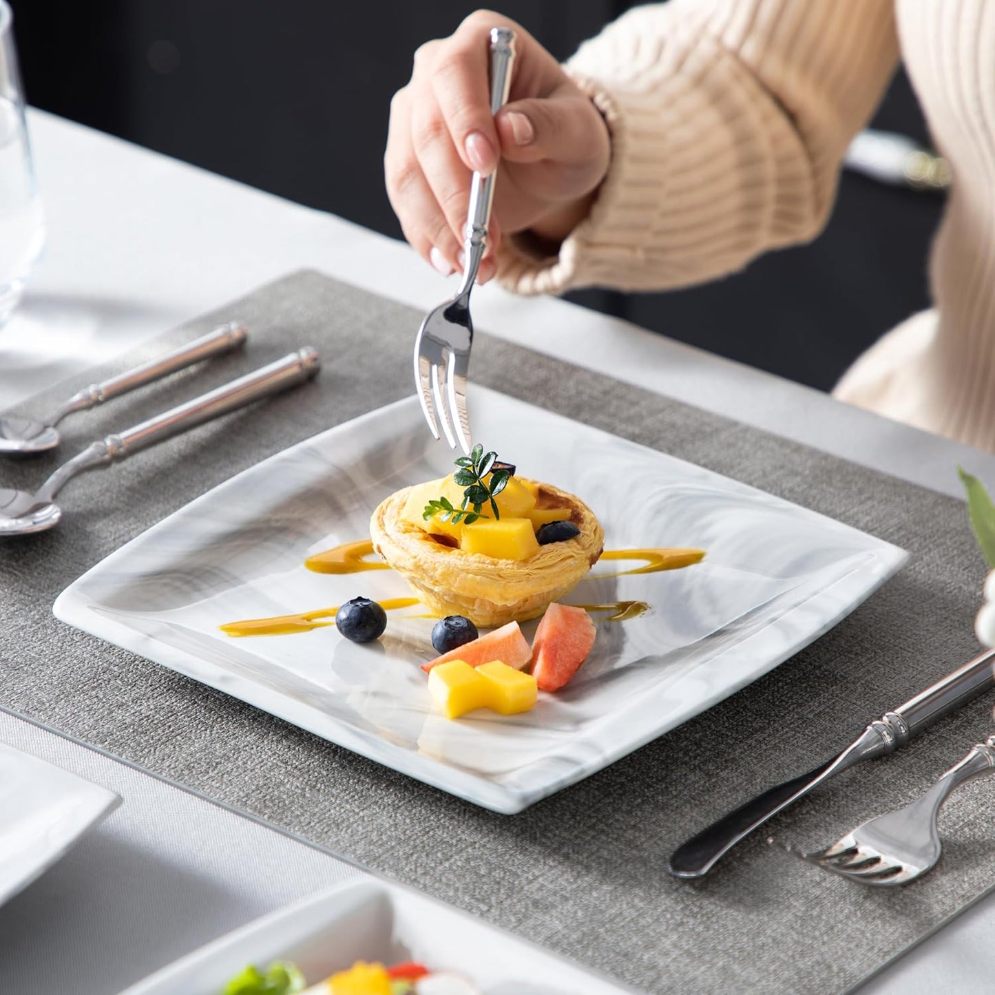 MALACASA Plates and Bowls Sets, 12-Piece Porcelain Dinnerware Sets for 4, Square Plates and Bowls for Dessert, Salad and Soup, Ceramic Dishes Dining Dishware Set, Marble Grey, Series Blance