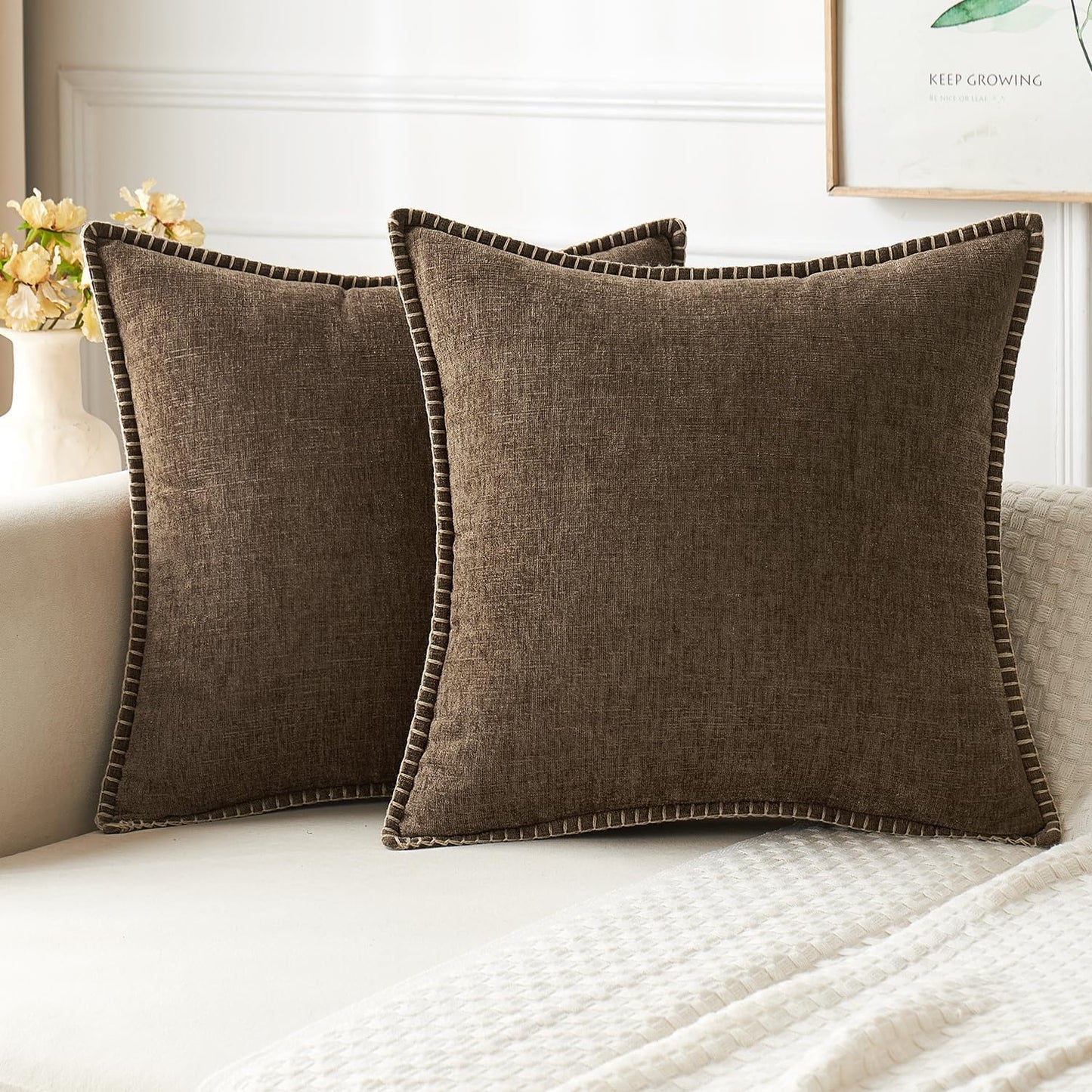 MIULEE Pack of 2 Couch Throw Pillow Covers 16x16 Inch Brown Farmhouse Decorative Pillow Covers with Stitched Edge Soft Chenille Solid Dyed Spring Pillow Covers for Sofa Bed Living Room