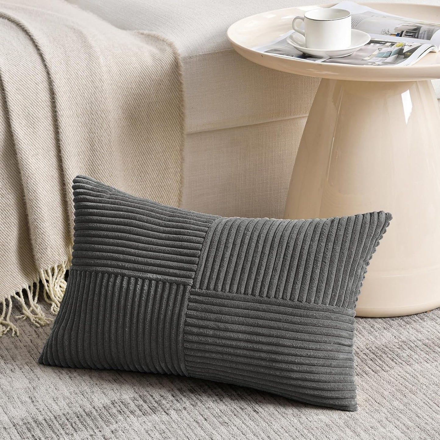 Fancy Homi 2 Packs Dark Gray Lumbar Decorative Throw Pillow Covers 14x24 Inch for Living Room Couch Bed Sofa, Farmhouse Home Decor, Soft Striped Corduroy Rectangle Accent Cushion Case 35x60 cm
