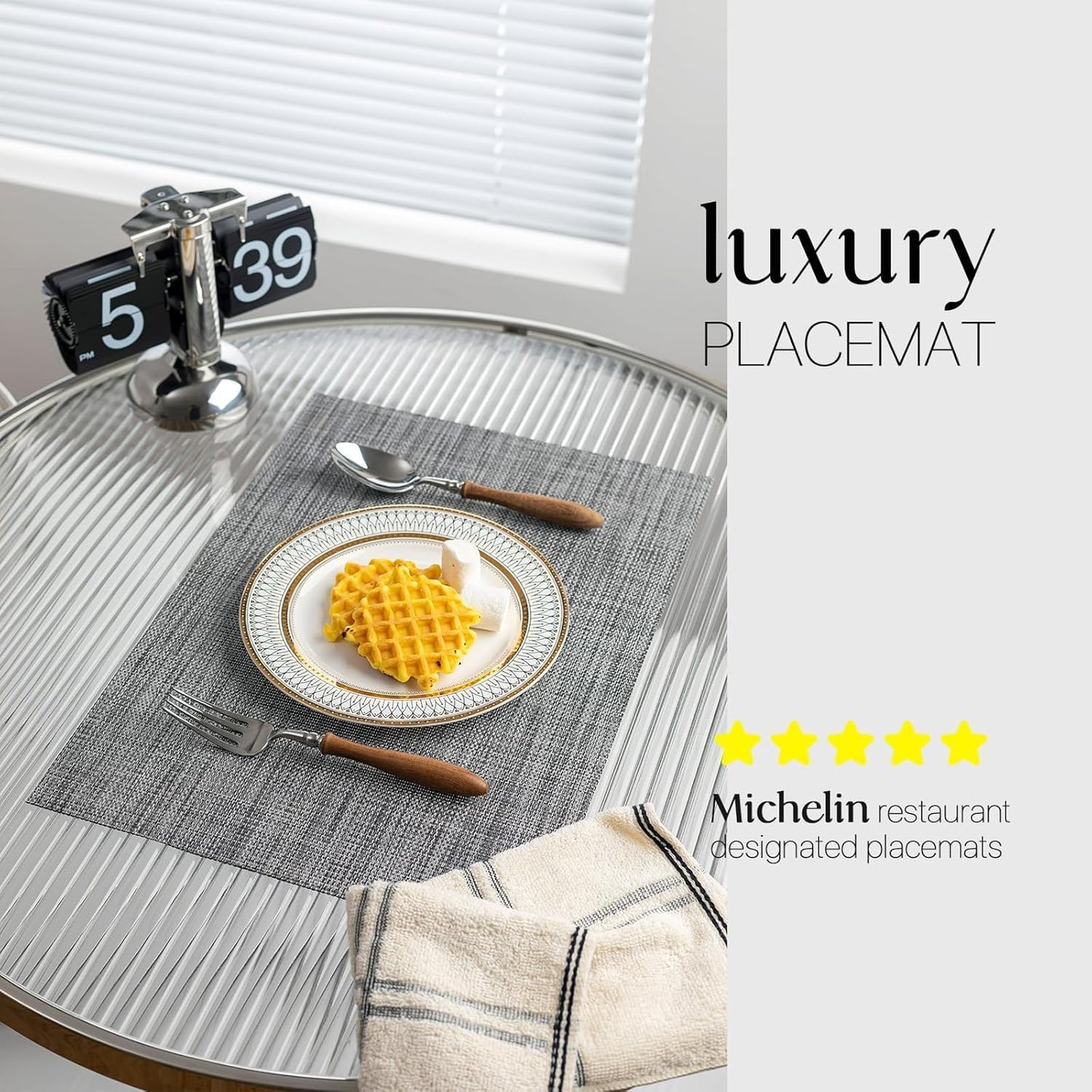 LEXMORE Placemats Set of 8 Vinyl/Plastic Woven Place Mats for Kitchen Table Indoor/Outdoor Washable Placemat Wipeable Dining Table Mats(A-Dark Gray)