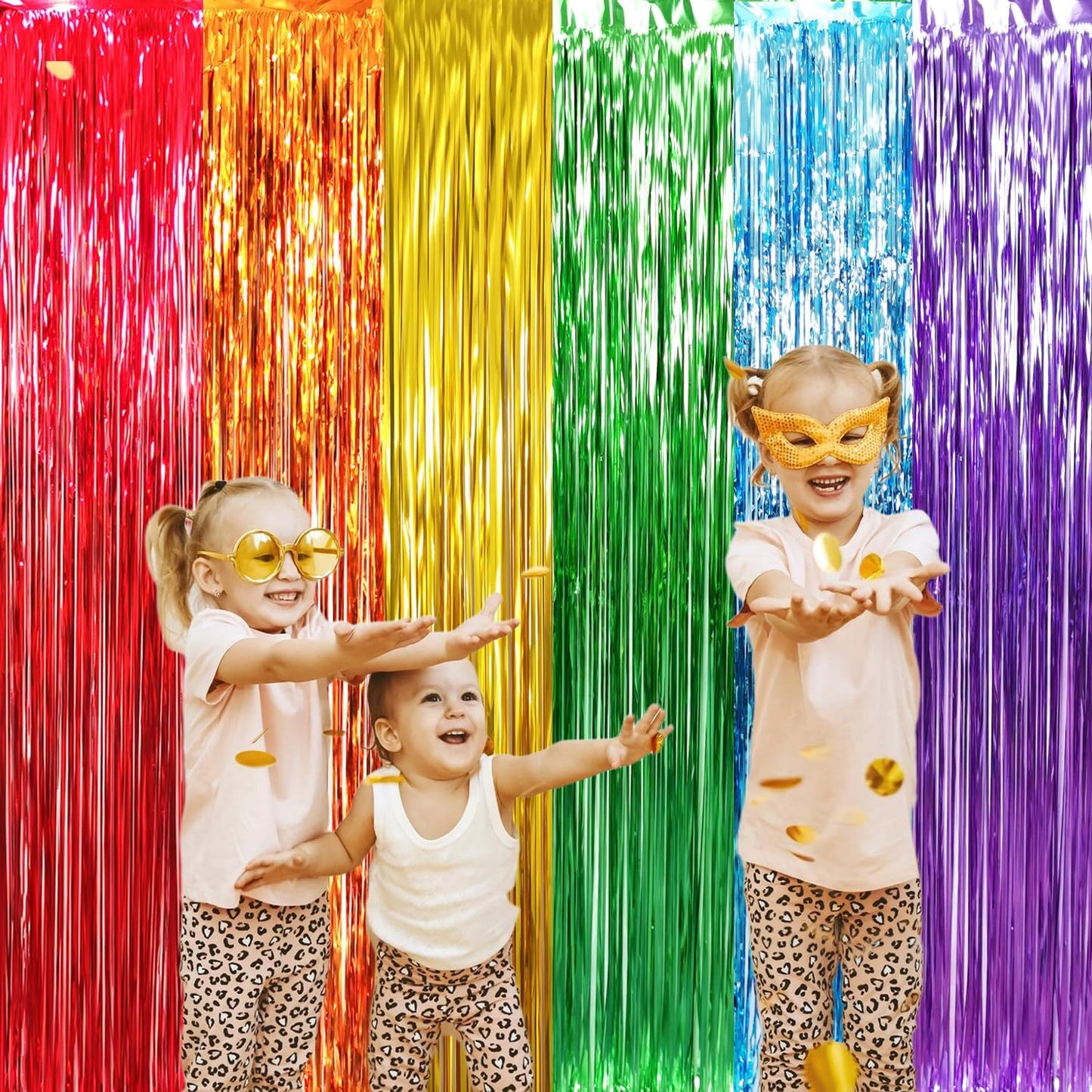 GOER 6.5 ft x 8.2 ft Metallic Tinsel Foil Fringe Curtains,Pack of 2 Party Streamer Backdrop for Birthday,Graduation Decorations and New Year Eve (Rainbow Colors)