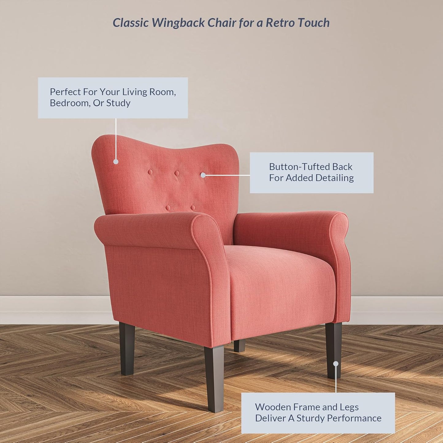BELLEZE Modern Accent Chair for Living Room, High Back Armchair with Wooden Legs, Upholstered Wingback Side Chair Padded Armrest Single Sofa Club Chair for Living Room, Bedroom - Allston (Brick)