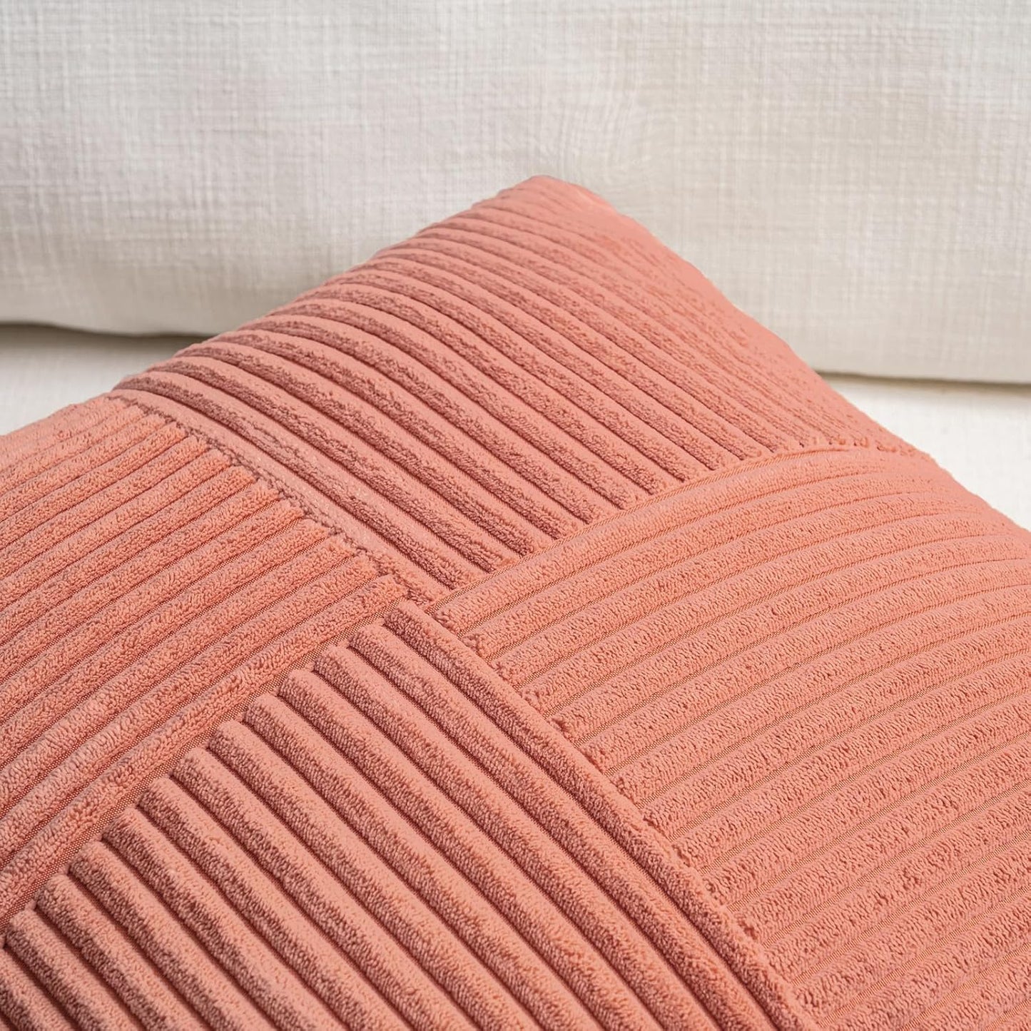 Fancy Homi 2 Packs Coral Samll Decorative Throw Pillow Covers 14x14 Inch with for Couch Bed Sofa, Rustic Farmhouse Boho Home Decor, Soft Corss Patchwork Corduroy Square Peach Cushion Case 35x35 cm