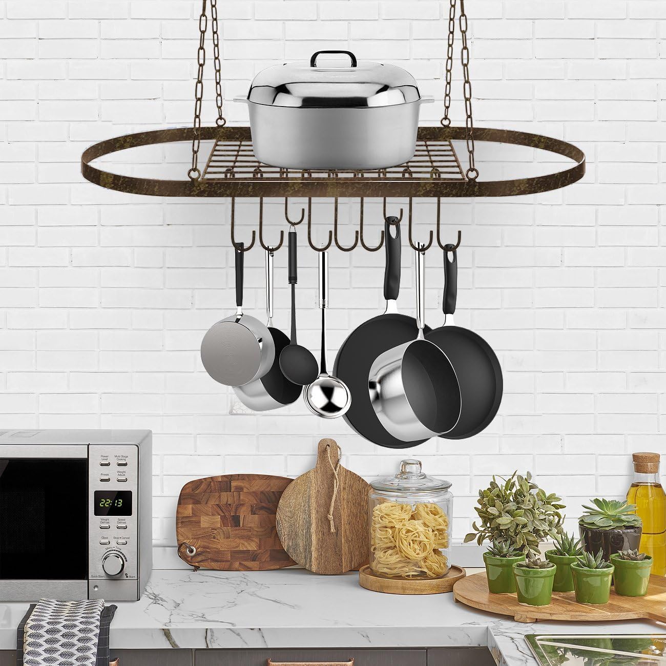 Sorbus® Pot and Pan Rack for Ceiling with Hooks — Decorative Oval Mounted Storage Rack — Multi-Purpose Organizer for Home, Restaurant, Kitchen Cookware, Utensils, Books, Household (Rustic)