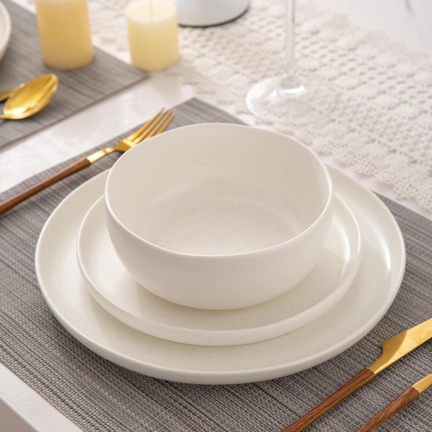 AmorArc Ceramic Dinnerware Sets, Wavy Rim Stoneware Plates and Bowls Sets,Highly Chip and Crack Resistant | Dishwasher & Microwave & Oven Safe Dishes set, Service for 8 (24pc)-Matte Speckled White