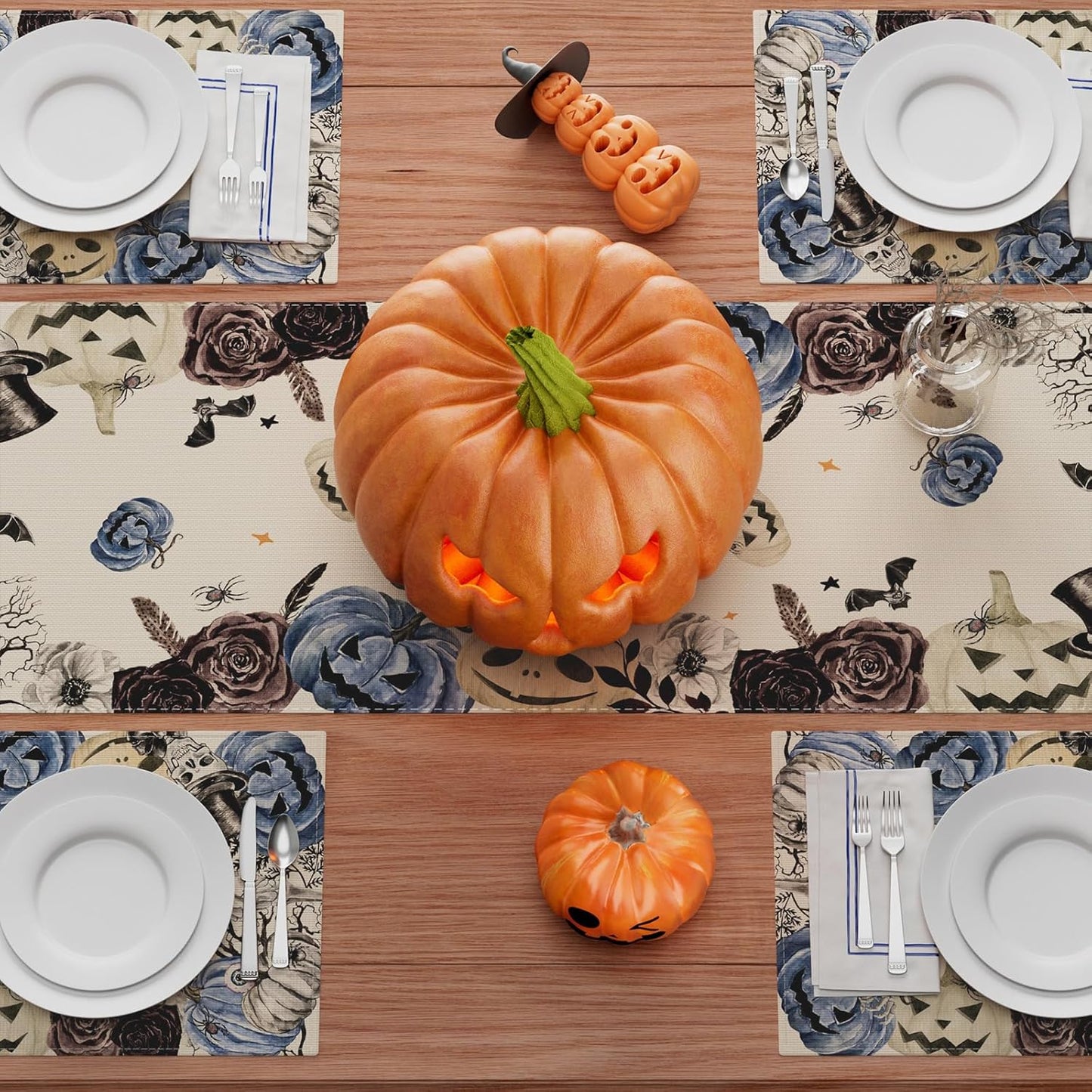 XCHI Spooky Blue Pumpkin Halloween Table Runner Party Table Decoration for Home Kitchen Dining Holiday Decor 13x72 Inch