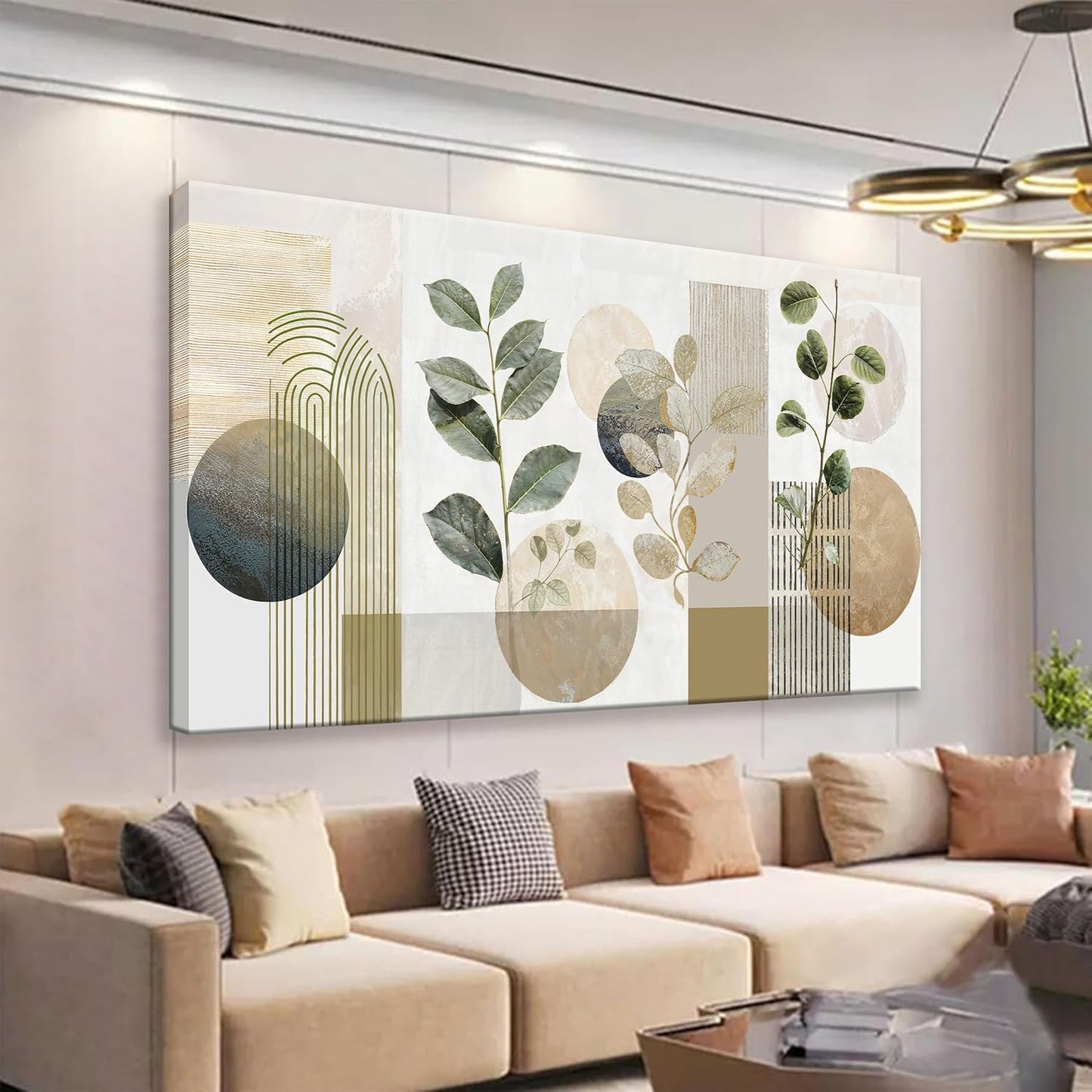 Boho Green Wall Art Mid Century Canvas Wall Art Decor Set Bohemian Abstract Wall Decor Modern Geometric Wall Painting Neutral Botanical Art Print Picture Living Room Bedroom Office Artwork 24"X 48"
