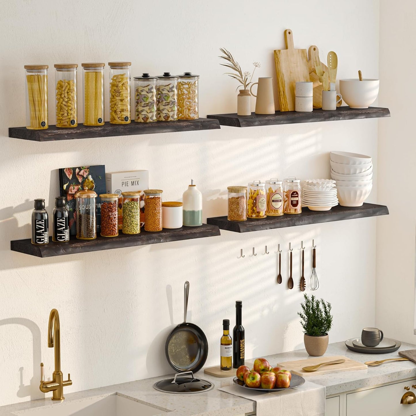 72 Inch Floating Shelves for Wall, Rustic Elm Wood Floating Shelves for Home Décor, Wall-Mounted Display Shelves with Heavy-Duty Bracket, Long Floating Shelf for Kitchen, Living Room, Walnut Finish