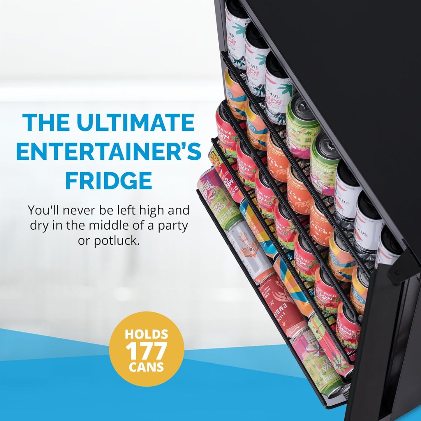 Newair 24" Beverage Refrigerator 177 Can Capacity, Black Stainless Steel Mini Fridge with Built-in Cooler and Glass Door, Cool your Soda, Beer, and Beverages to 37F