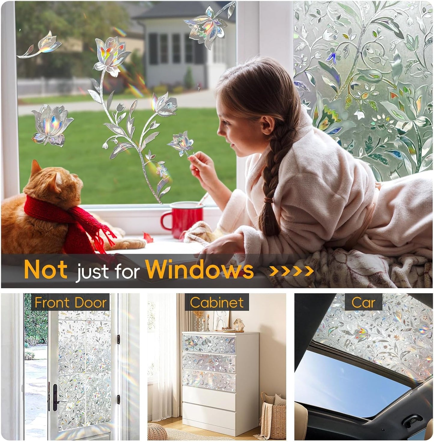 Rainbow Window Privacy Film Decorative, Stained Glass Window Tint for Home, 3D Decals Window Clings for Glass Windows, Static Cling Window Sticker, Suncatcher Window Cover,29.5" by 78.74"