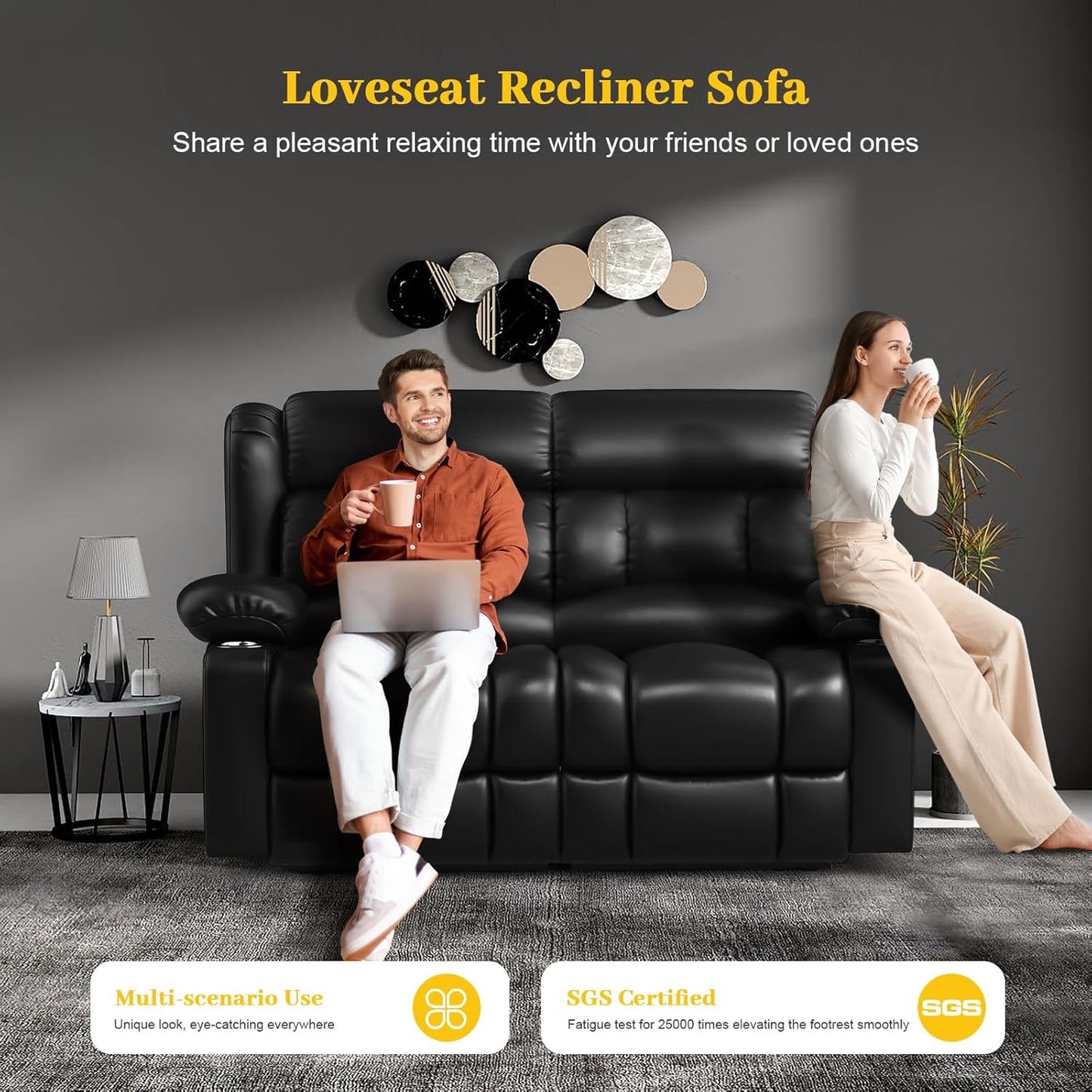 RV Loveseat Recliner Sofa, PU Leather RV Reclining Loveseat with USB Charge Ports, Cup Holders, 2 Seater Manual Pull Tab Recliner Sofa Couches for Living Room/RV, Black