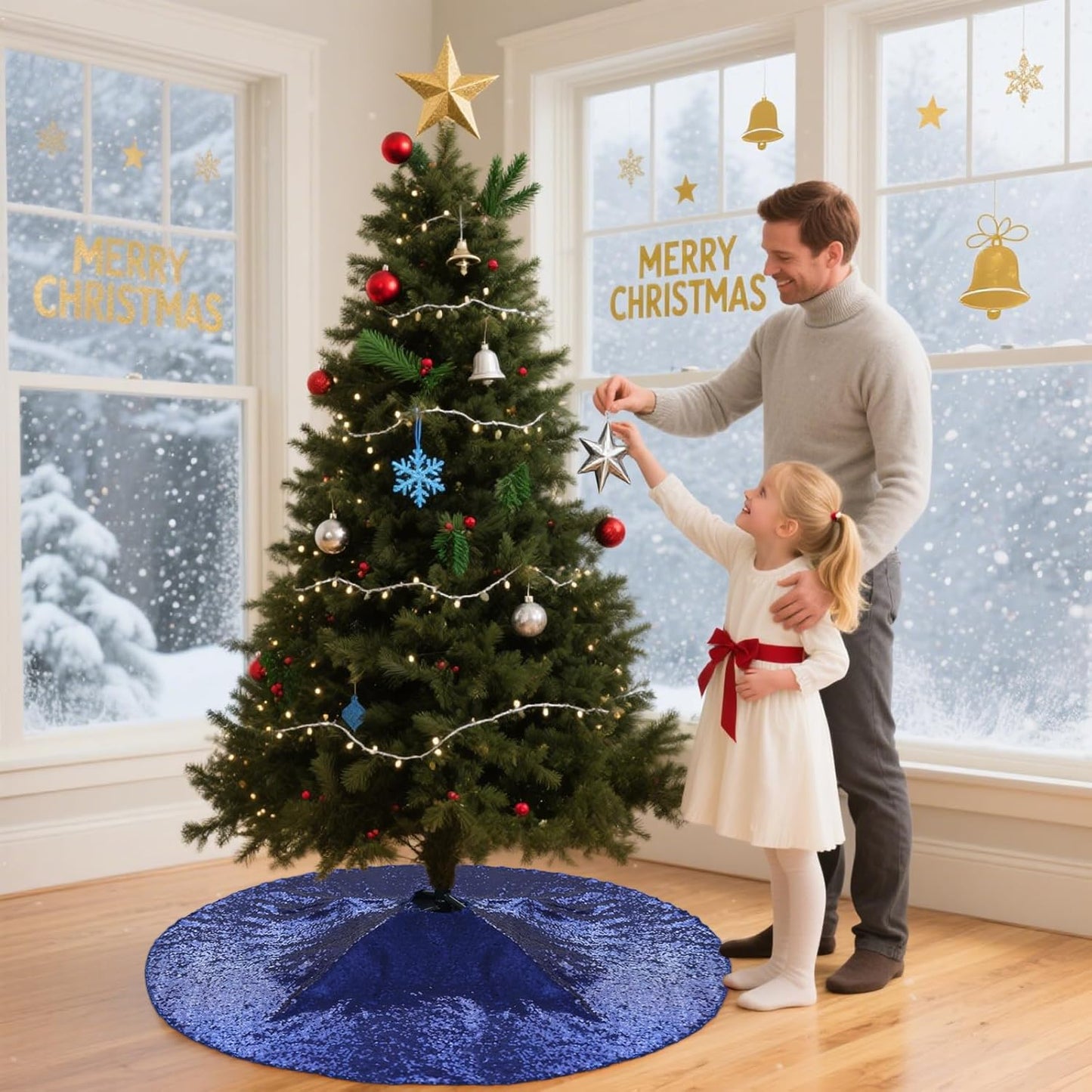 Eternal Beauty Christmas Tree Skirt, 36 Inch Navy Blue Sequin Tree Skirt Small Xmas Tree Skirt for Christmas Tree Decorations