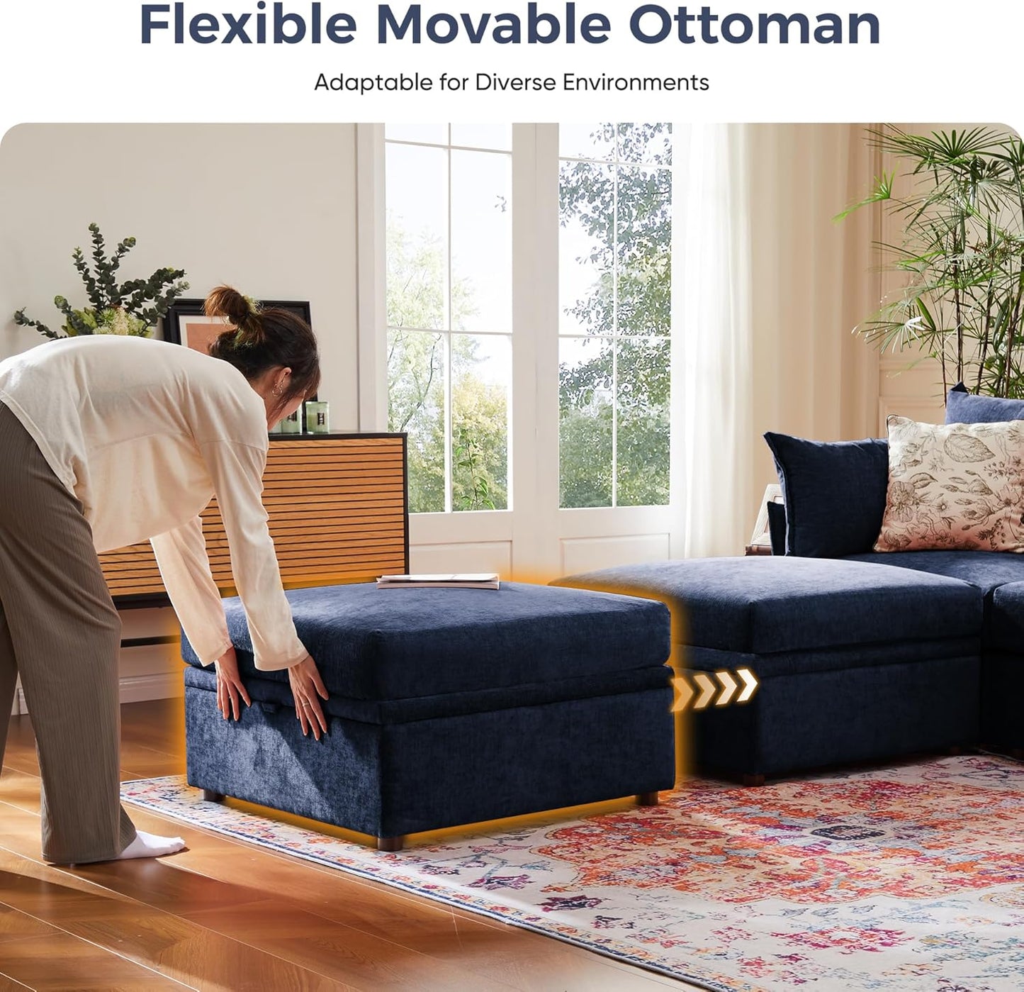 136.4" Oversized Modular Sectional Sofa, L Shaped Convertible Couch with Movable Ottoman, Large 7 Seat Corner Couches for Living Room Deep Seat Blue Chenille