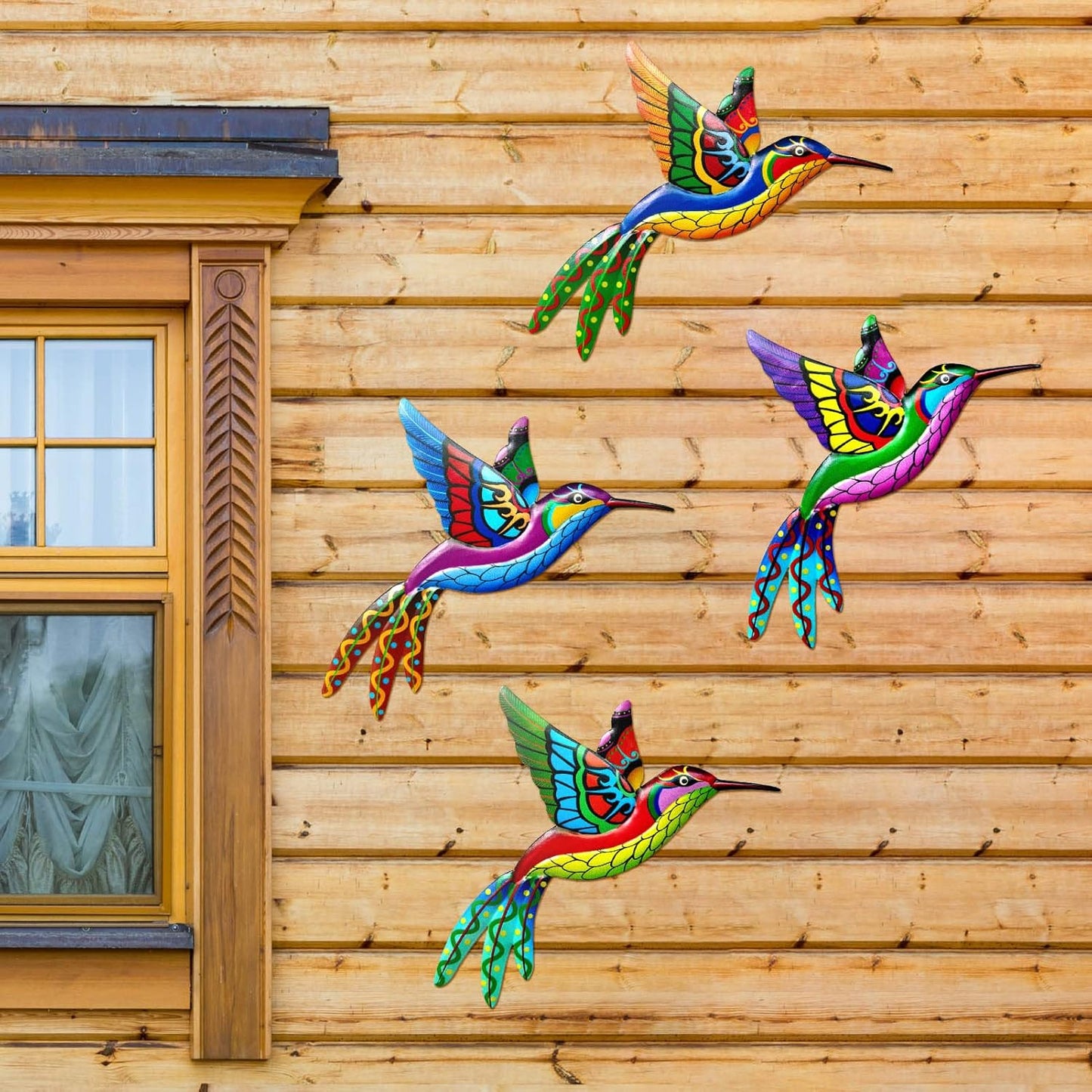 ZYP Metal Outdoor Wall Art Decor,3D Colorful Garden Birds Sculpture Outdoor Iron Hanging Decor Ornaments, Metal Hand-Made Bird Wall Art Decorations for Fence Patio Balcony Living Room,Hummingbird