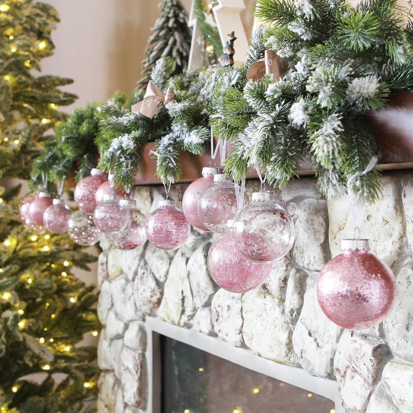 Sea Team Christmas Baubles Set, Shatterproof Clear Plastic Christmas Baubles Multi-Size Decorative Baubles with Stuffed Delicate Decorations (25 Pieces, Pink)