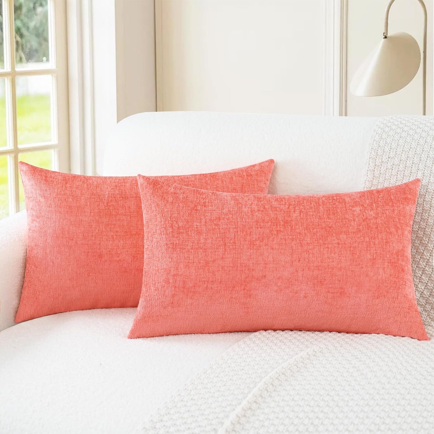 CaliTime Throw Pillow Covers Decorative 16 X 26 Inches Pack of 2 Cozy Chenille Cushion Cases for Couch Sofa Bed Living Room Home Living Coral