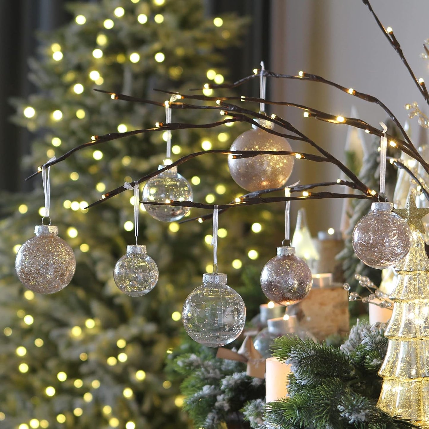 Sea Team Multi-Size Shatterproof Clear Plastic Christmas Tree Ball Ornaments Set, Decorative Hanging Transparent Xmas Baubles with Stuffed Delicate Decorations (25 Counts, Rose Gold)