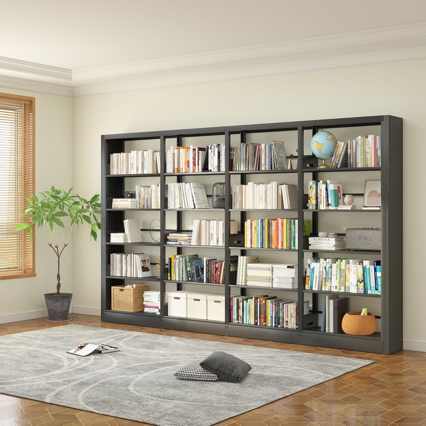5-Tier Industrial Bookshelf, White Bookcases and Bookshelves,Tall Metal Book Shelf Storage Organizer,Freestanding Bookshelf for Living Room,Home Office (Black, Shelf-4)