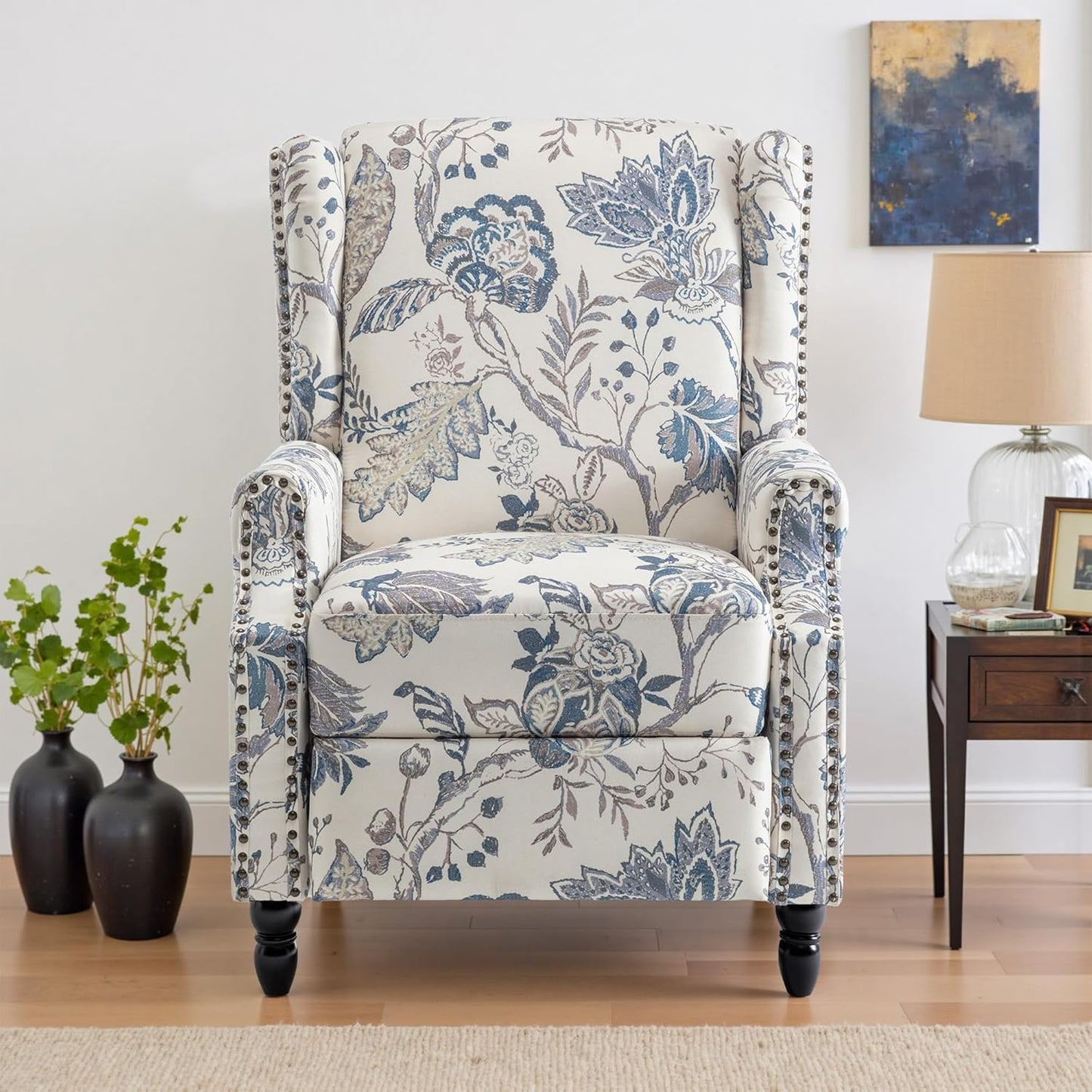UIXE Pushback Recliner Chair, Push Back Accent Chair Fabric Upholstered Armchair for Living Room, Rivet Trim Home Theater Single Sofa Bedroom Reading Seat - Blue Plants