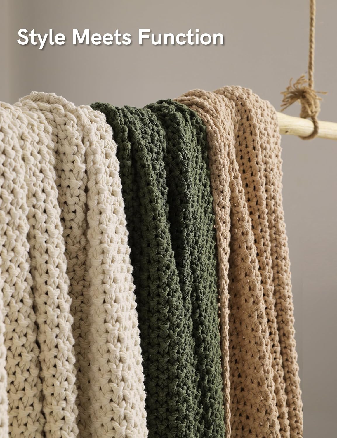 YnM Chunky Cotton Knit Throw Blanket, Cable Knit Throws for Bed Couch Sofa, Comfy & Relaxing, Decorative Piece for Farmhouse Modern Boho Rustic Scandinavian Chic Vibe, Beige 80x87 Inches